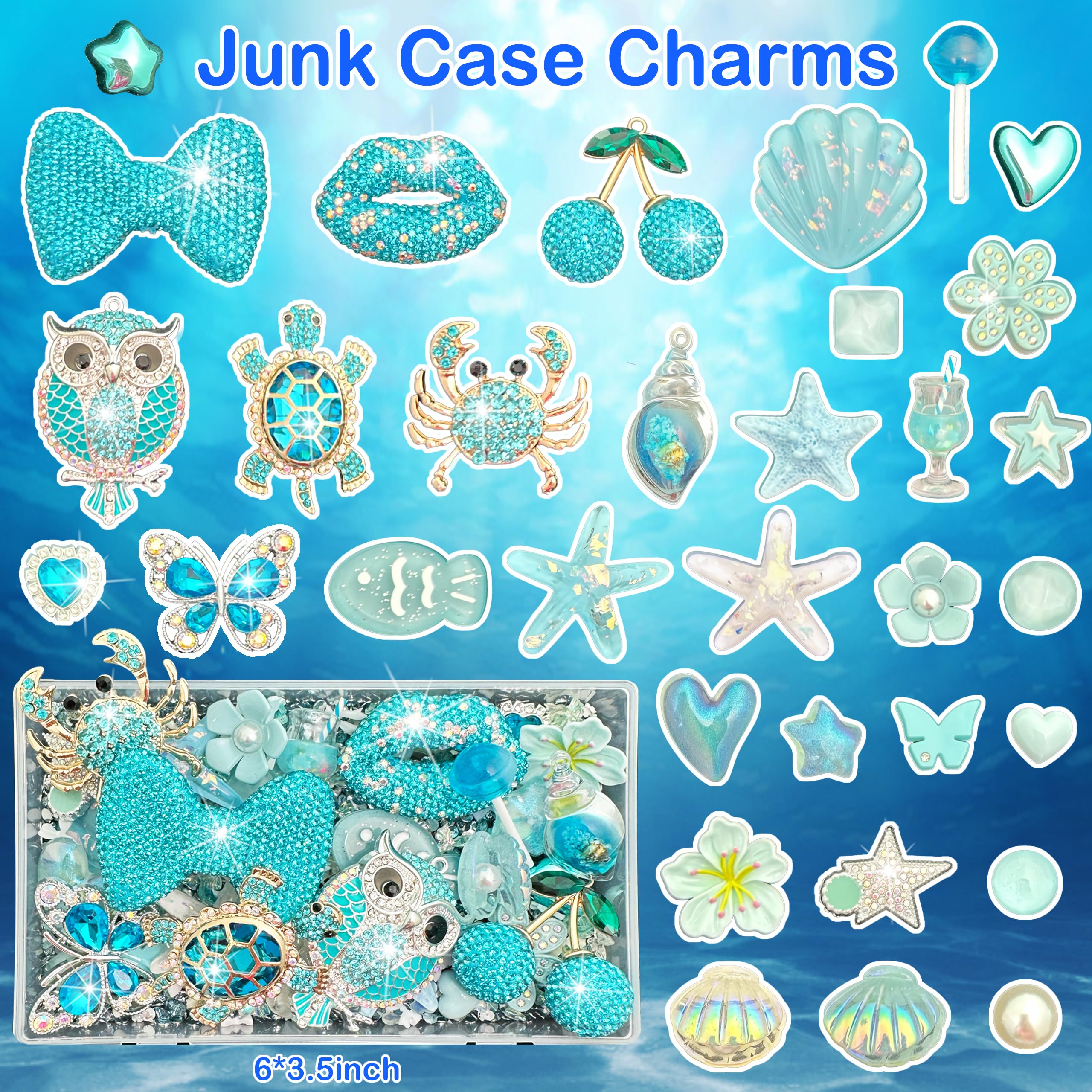 BBATT-HAPPY Blue Junk Case Charms Kit, Junks Phones Cases 3D Diamond Lips Owl and Bows Cherry Turtle Seashell Ocean Style and Other Refreshing Bedazzling Kits Can Be Used in DIY Phone Case Designs - 2