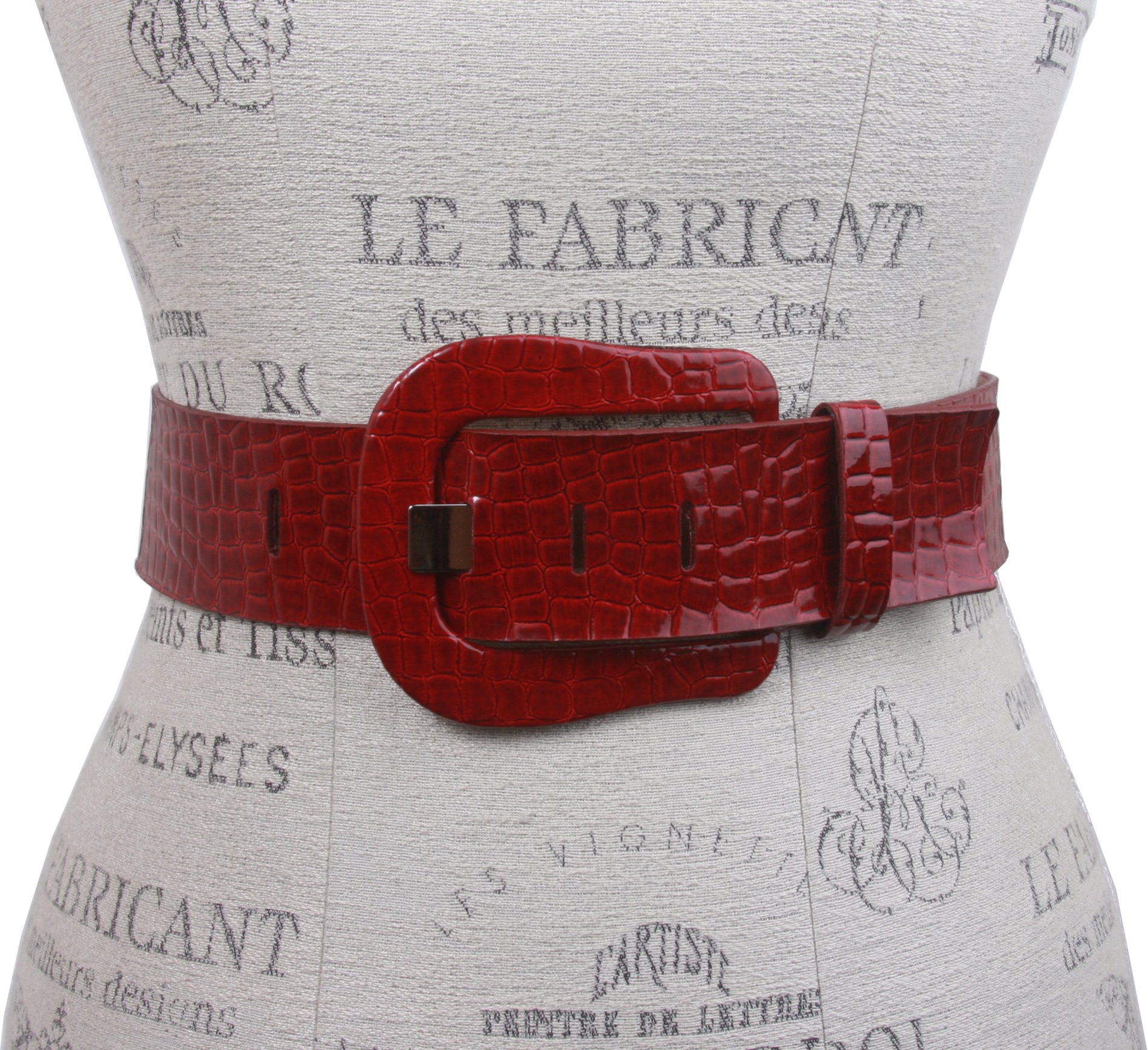 Ladies Croco Print Western Buckle Patent Leather Wide Fashion Belt, Red | S/M - 32