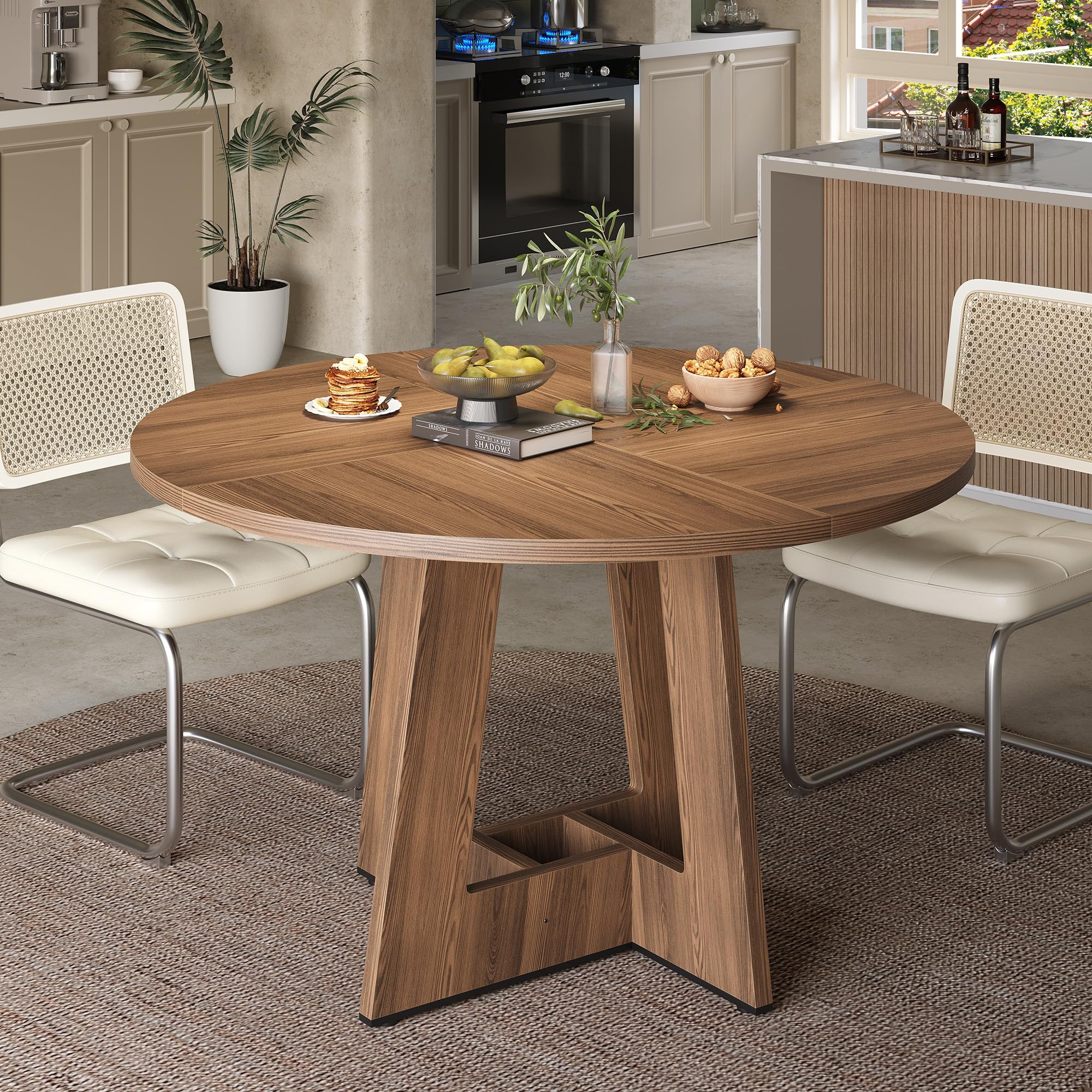 APICIZON Table de salle à manger ronde pour 4 à 6 personnes, table de salle à manger en bois de 120 cm, sans vacillement, durable, pour cuisine et salon, facile à assembler, marron (table uniquement)