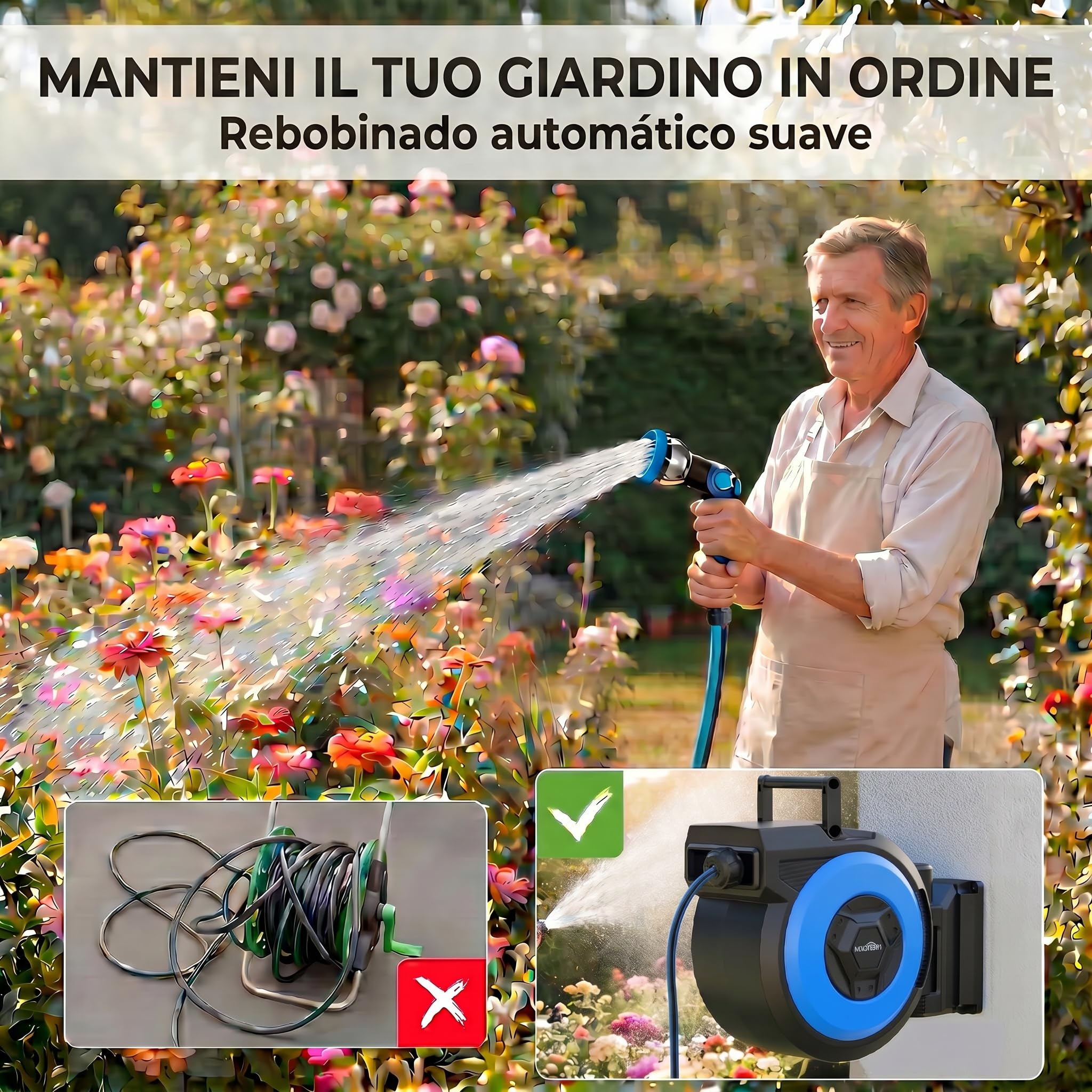Himimi Carrete Manguera Jardín Retráctil 30+2m Pared Automático, Carrete Auto-Rewind con Pistola Riego 10 Funciones, Giratorio 180° para Limpieza Fácil & Riego Exterior