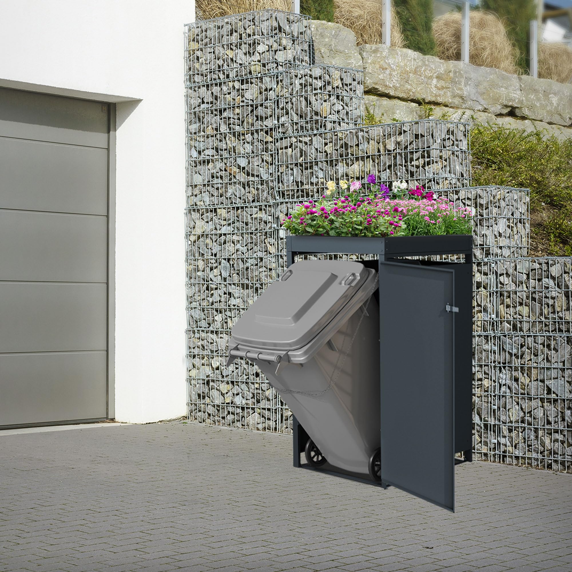 ML-Design Box pour 1 Poubelle avec Toit Végétal, jusqu'à 240L, 68x80x124 cm, en Acier, Anthracite/Aspect Rouillé, Résistant aux Intempéries, Habillage de Poubelle Verrouillable, Conteneur Abri Hangar