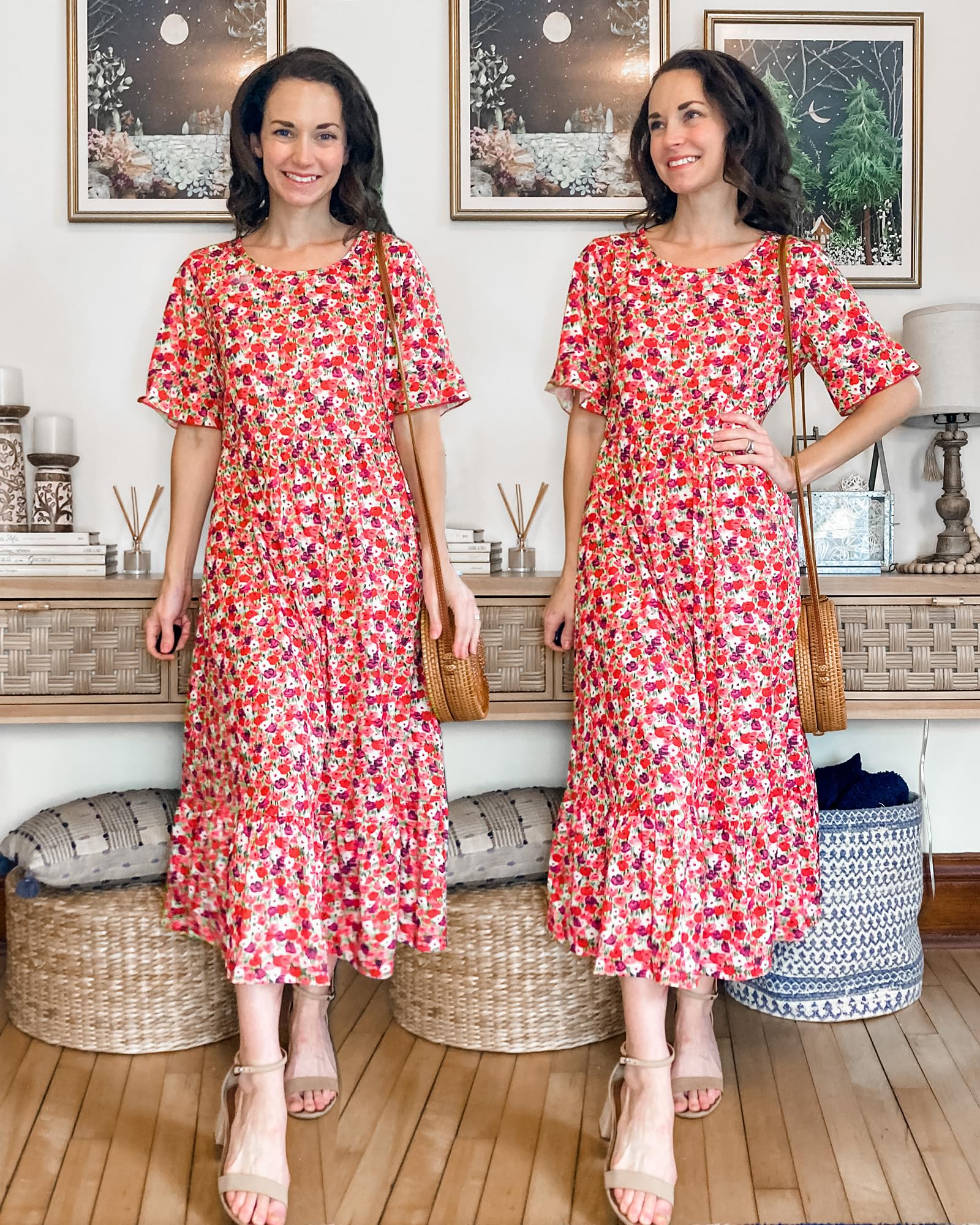 STYLEWORD Mujeres Verano Vestido de Manga Corta Largo Midi Playa Vestido de Vacaciones