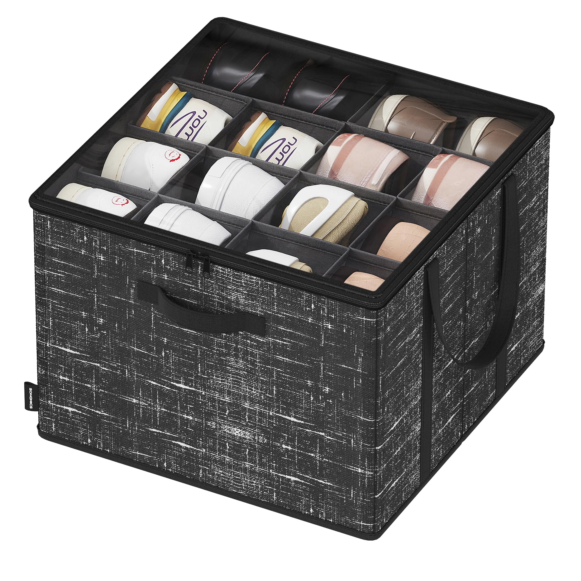 SONGMICS Schuh-Organizer, für bis zu 16 Paar Schuhe, Schuhaufbewahrung, Griffe, transparenter Deckel, für Schlafzimmer Eingangsbereich Kleiderschrank, tintenschwarz LSP601B01