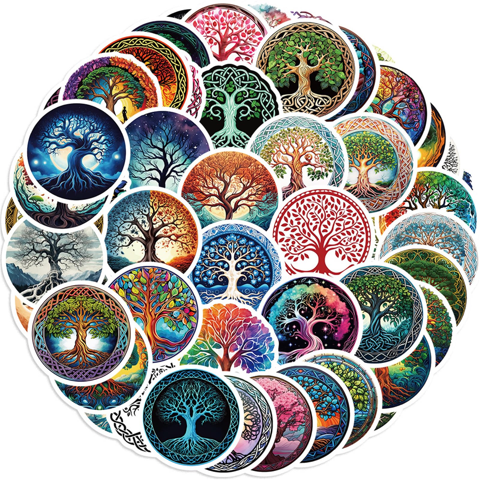 50Pcs Tree of Life Stickers, Waterproof Vinyl Decals for Scrapbooks Helmet Laptop Phone Window Water Bottle, Vintage Aesthetic Decoration Stickers