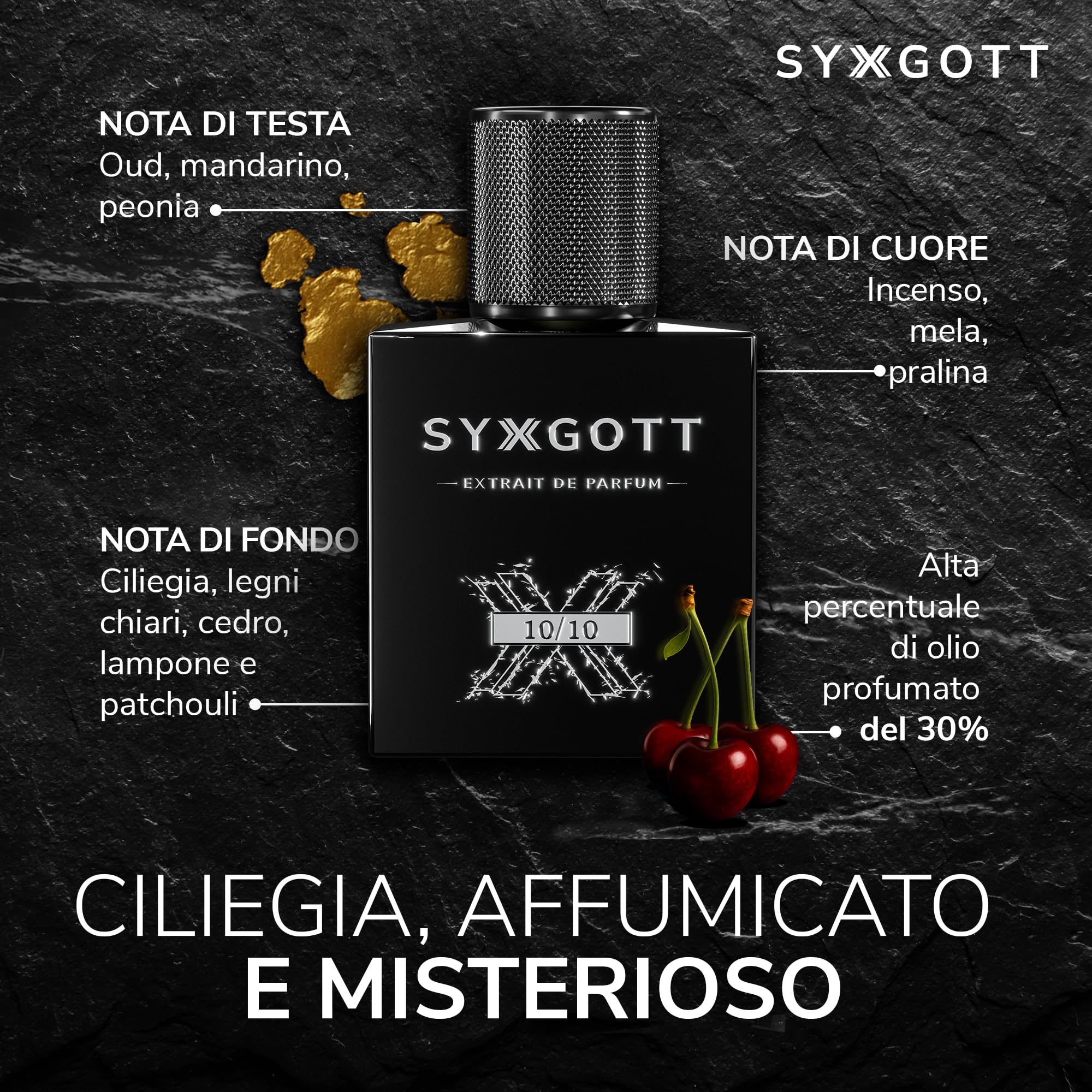 SYXGOTT 10/10 Profumo da uomo con olio di feromoni | Extrait de Parfum per uomini | Campioncino incluso | Oud, ciliegia, intenso | Fragranza estiva durevole ideale per tutti i giorni