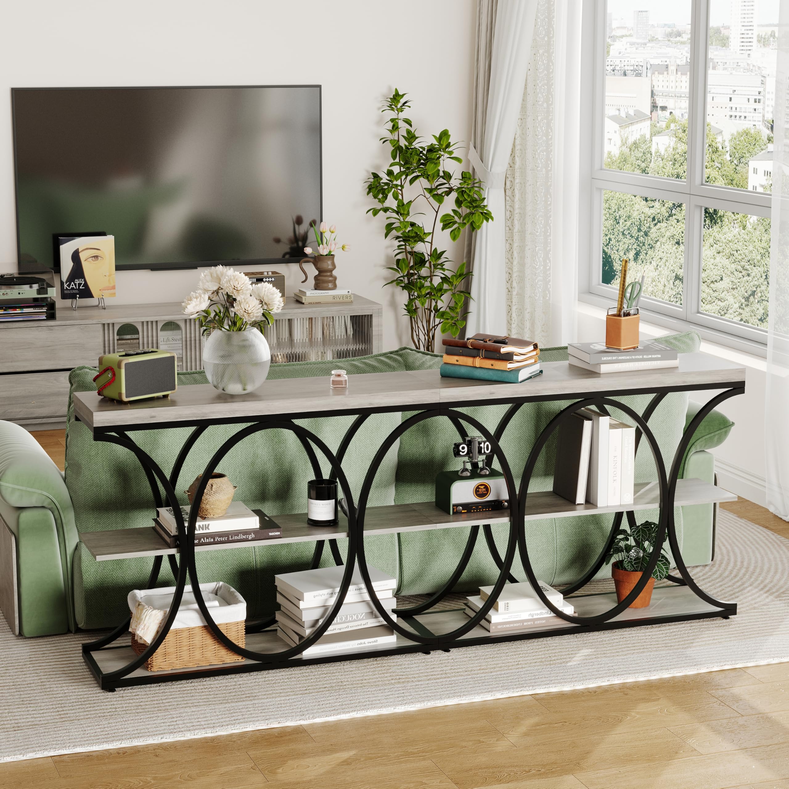 Console étroite 3 Niveaux, 39" (env. 99 cm), Style Farmhouse – Table d’entrée/Console derrière canapé – Étagères Ouvertes, Plateau Bois d’ingénierie, Pieds métal géométriques – Couleur :