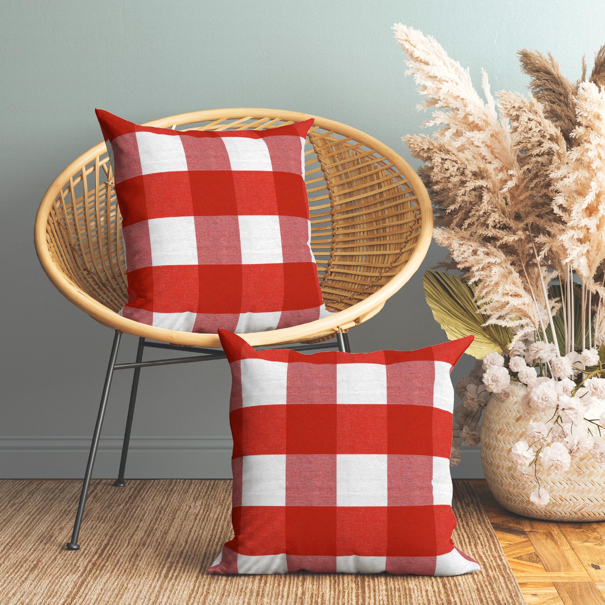 Juego de 2 fundas de almohada de granja de 18 x 18 pulgadas con cuadros rojos búfalos, fundas de cojín decorativas sin relleno, fundas de almohada a cuadros y rayas para sala de estar, sofá