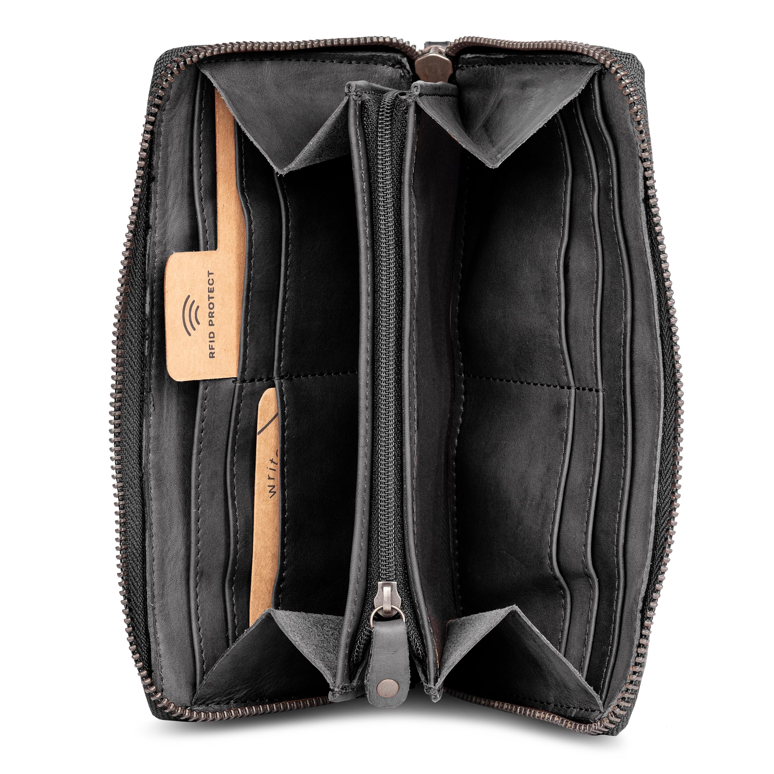 Geldbörse MALU, Damen Portemonnaie aus gewaschenem Leder, mit praktischen Kleingeld- sowie Kartenfächern, Portmonee im Used-Look mit Reißverschluss, Graphite