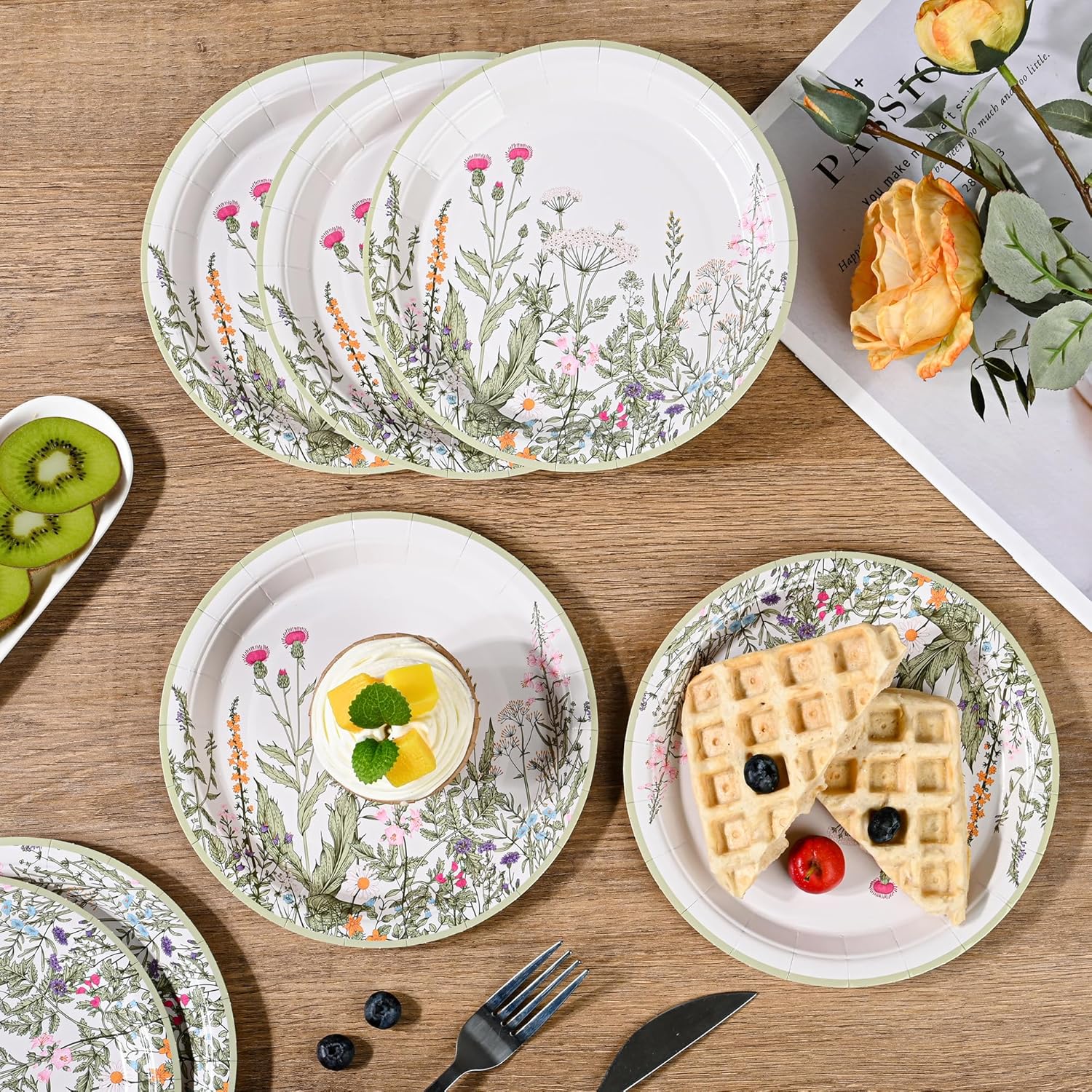 Wildflower Party Plates 7" Floral Paper Plates Spring Summer Botanical Green Leaves Herbs Vintage Garden Disposable Decorative Dessert Plates (24, Vintage Floral) - Image 6
