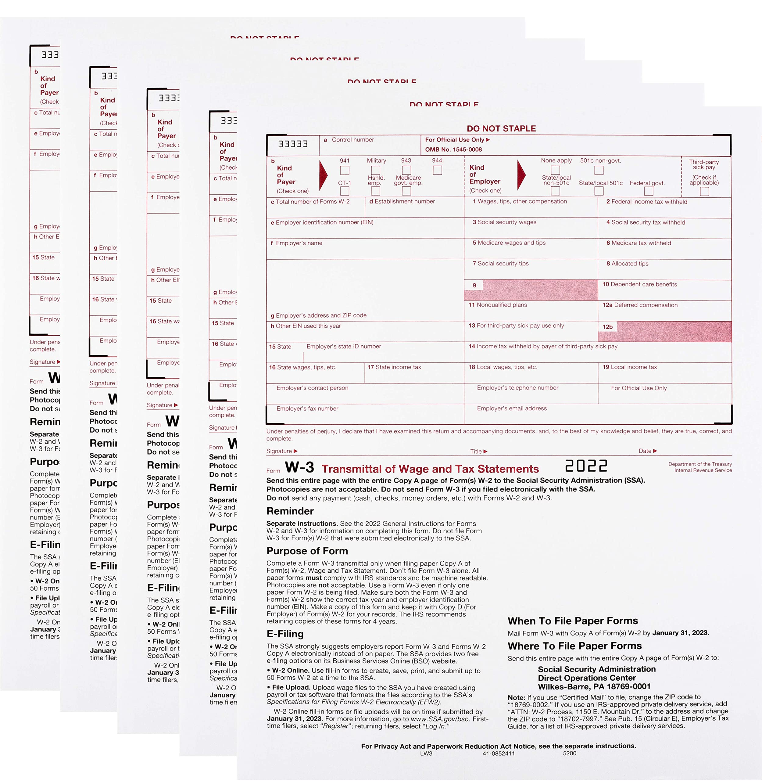 Buy W 3 Tax Transmittal Form 2022 Pack Of 10 Laser Forms Summary For