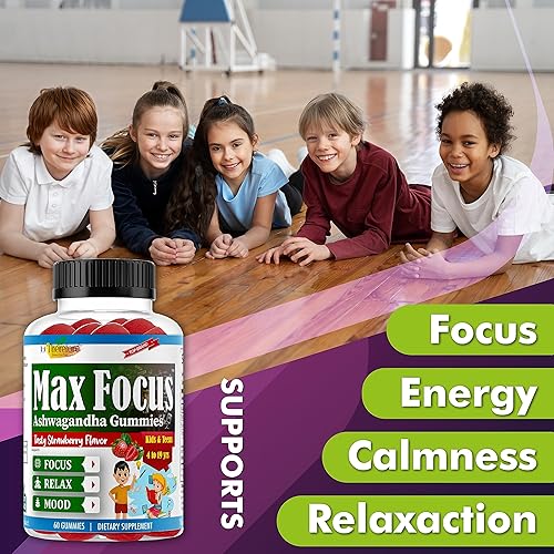 Miniatura 3 de Max Focus - Gomitas de raíz de Ashwagandha para niños y adolescentes, apoyan el estado de ánimo tranquilo, relajación, sueño, antiestrés, memoria,