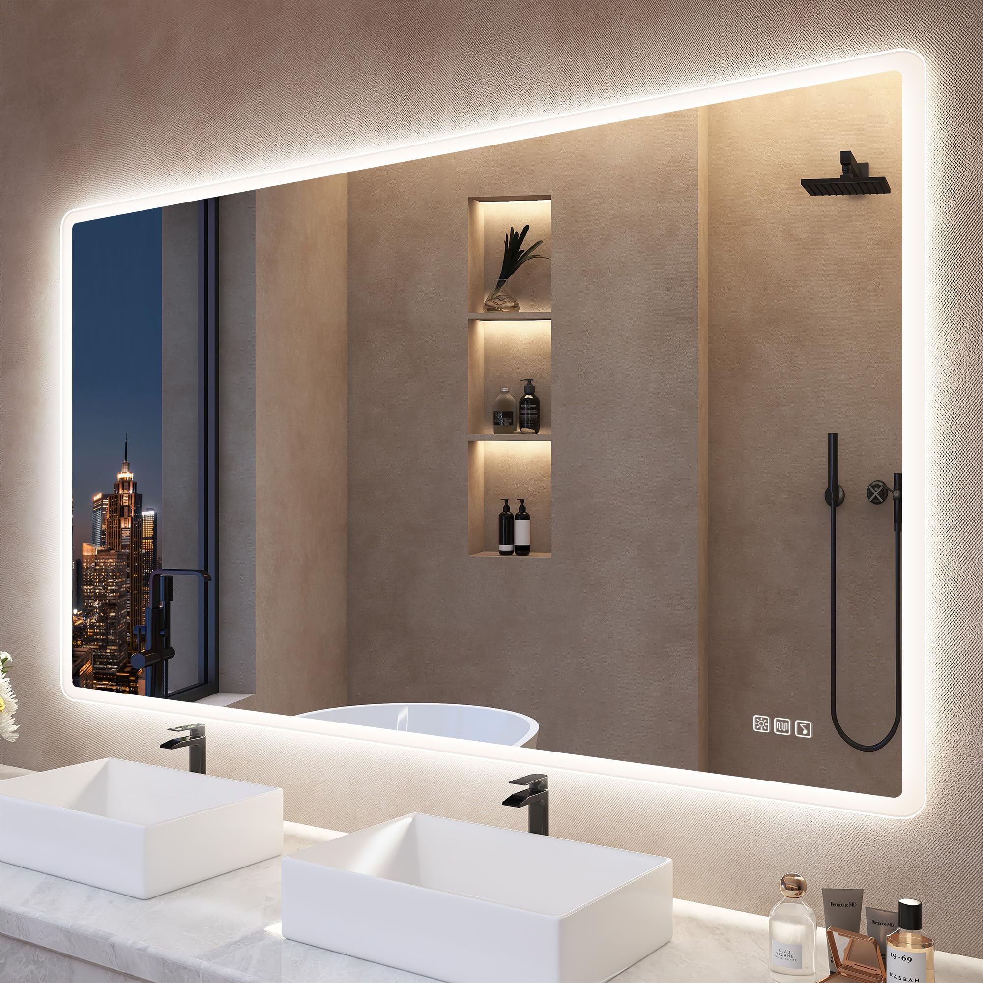 S'bagno Badspiegel-mit-Beleuchtung 140x80cm, Led-Badezimmerspiegel-mit-Licht, Bluetooth, Entfoggen, 3 Farben, Dimmbar, Speicherfunktion, Gehärtetes Glas, IP44 Wasserdicht, Horizontal/Vertikal