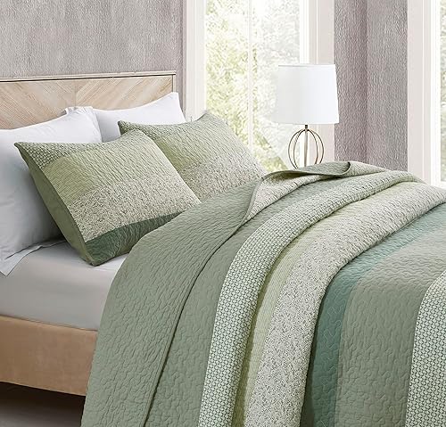 Vista 11 de Chezmoi Collection Samuel Juego de colcha con relleno de cuadros gris pardo, blanco y azul marino, 3 piezas, retales, algodón prelavado, ligero