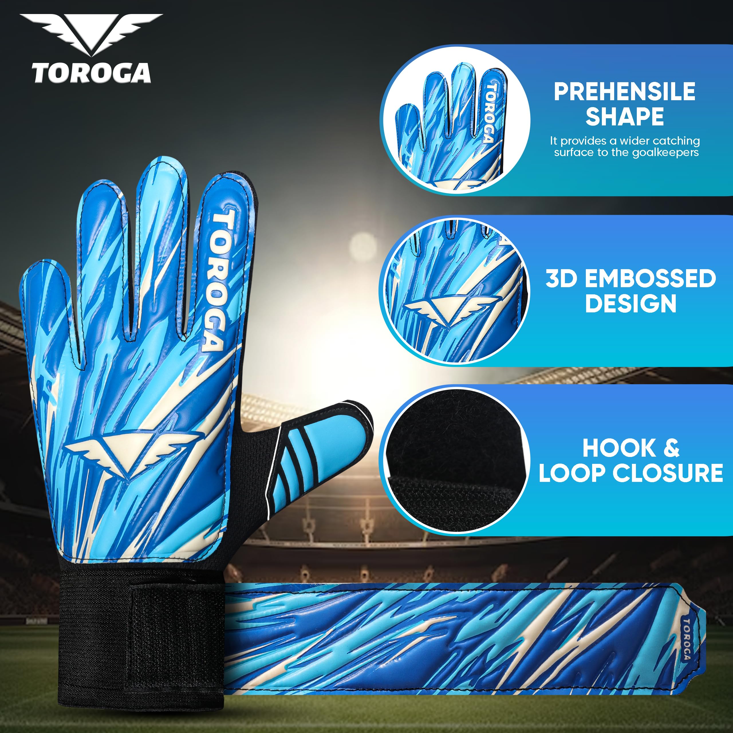 TOROGA Football Goalkeeper Gloves For Boys kids Children Youth Soccer Goalie Glove with Super Grip Palms (Sky Blue, 2) - Image 2