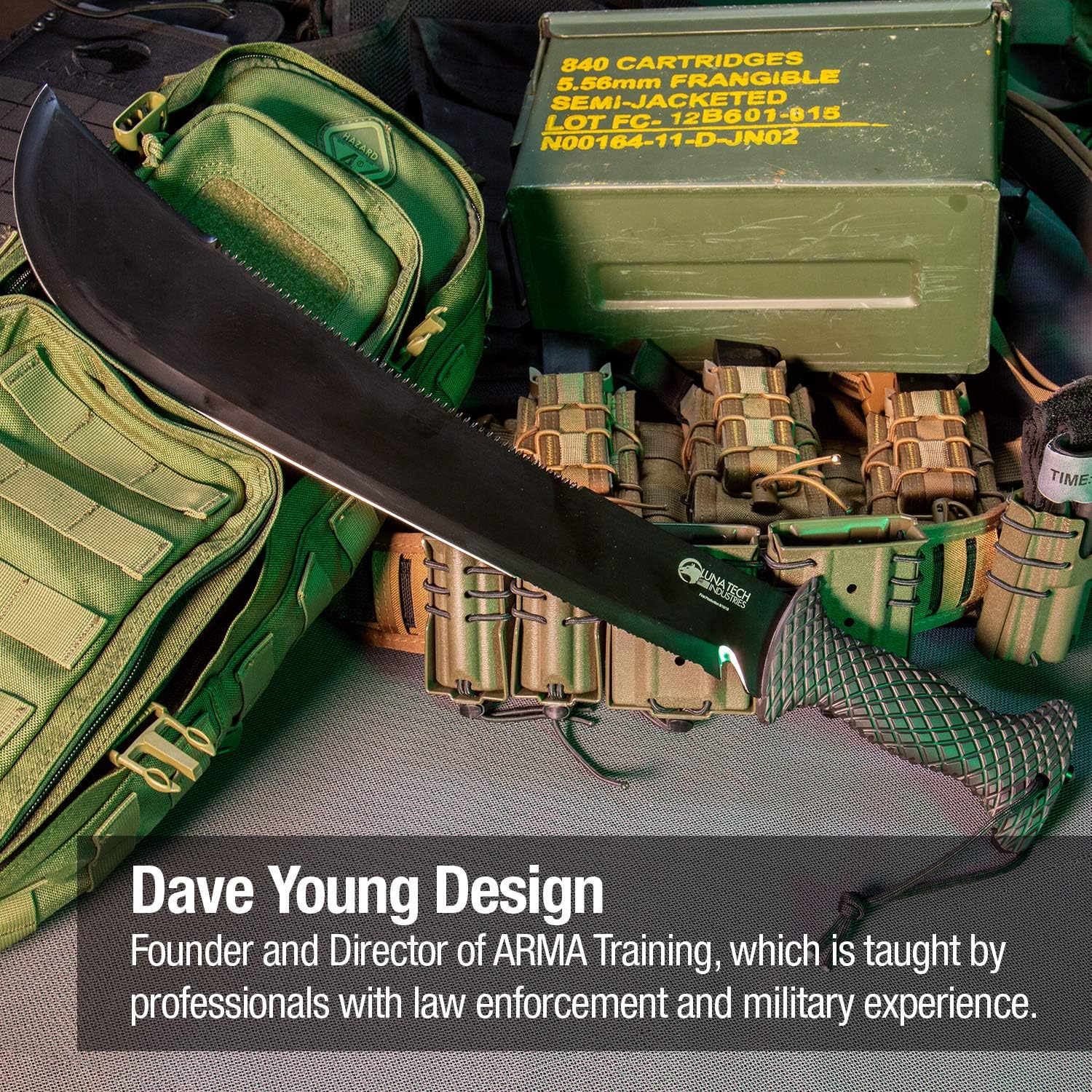 Luna Tech, LTK9500, Dave Young Survival System, 23in. Full Length Tang Machete, TPR Handle, Carbide Tip, Includes Black Sheath with MOLLE System