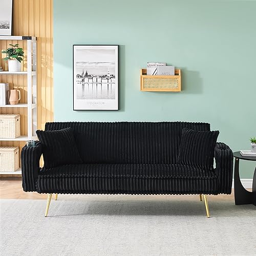 Ball & Cast 74" Futon Sofa Bed for Living Room,Loveseat Sleeper Sofa with Cup Holder and Adjustable Backrest,Convertible Sleeper Sofas W/ 2 Pillows,Modern Corduroy Futon Couches,Black
