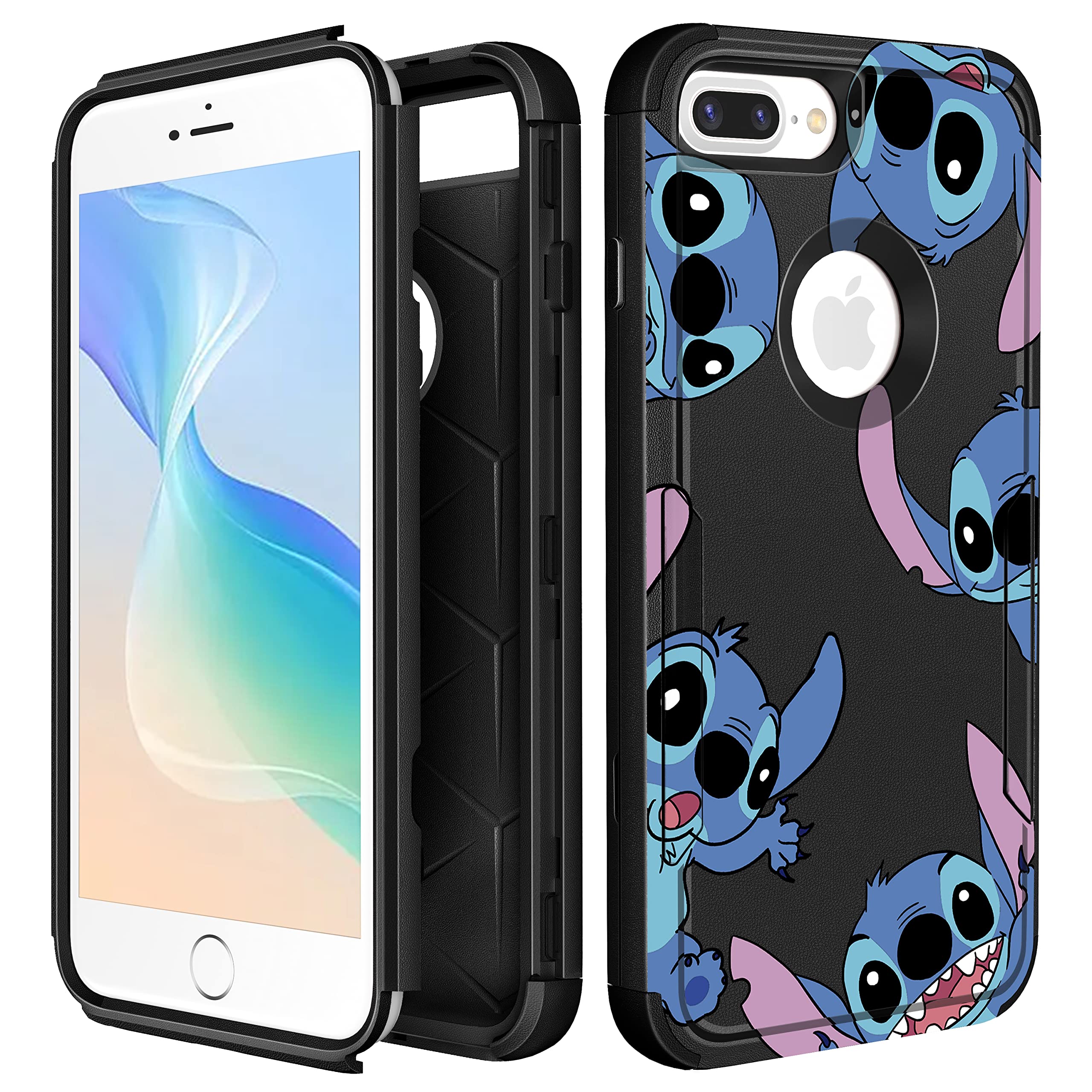 Lupct for iPhone 8 Plus/7 Plus/6 Plus/6s Plus 5.5" Heavy Duty Phone Case for Girls Kids Women Boys Cute Cartoon Hard Triple Layers Military Full Body Grade Cover Drop Protective Cases Black