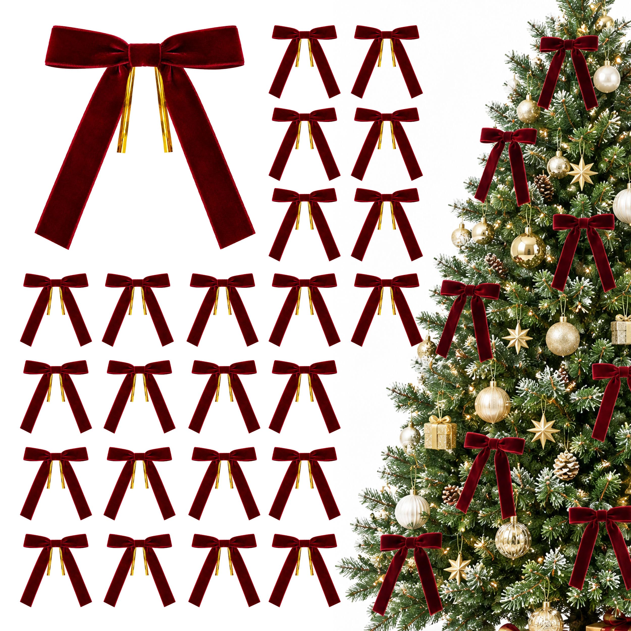 Der Rose 24 Rote Schleifen Weihnachtsbaum aus Bordeaux-Samt, 12,7 x 17,8 cm | 24 vorgebundene Schleifen Rot im Bordeauxton mit Drahtbindern – Schleifen für Weihnachtsbaum, Kranz, Girlande und Geschenke