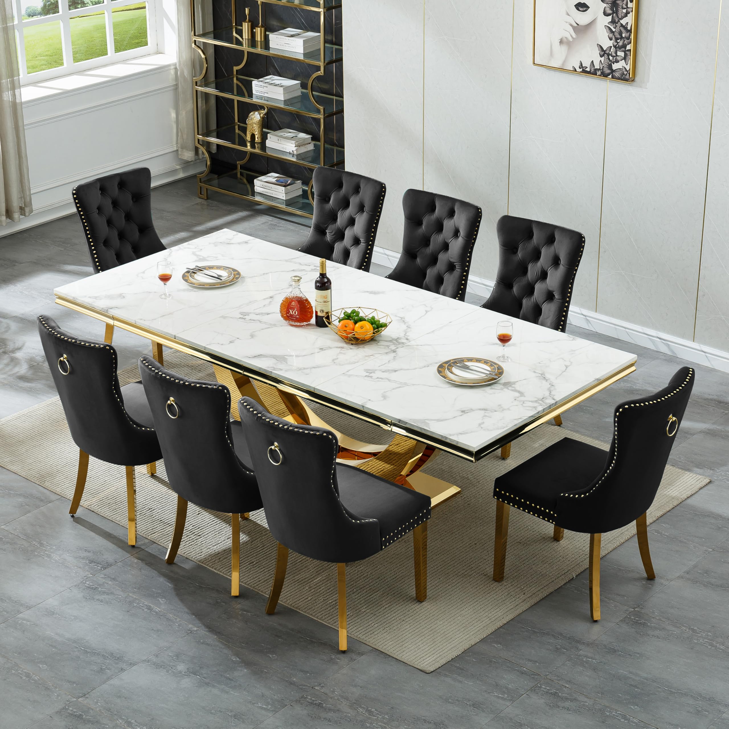 94.5" Large Marble Dining Table Set for 8, Luxury White Gold Kitchen Table with 8 Black Velvet Dining Chairs, Modern Fuax Marble 9-Piece Dining Room Table Set for 8 w/Stainless Steel U-Base