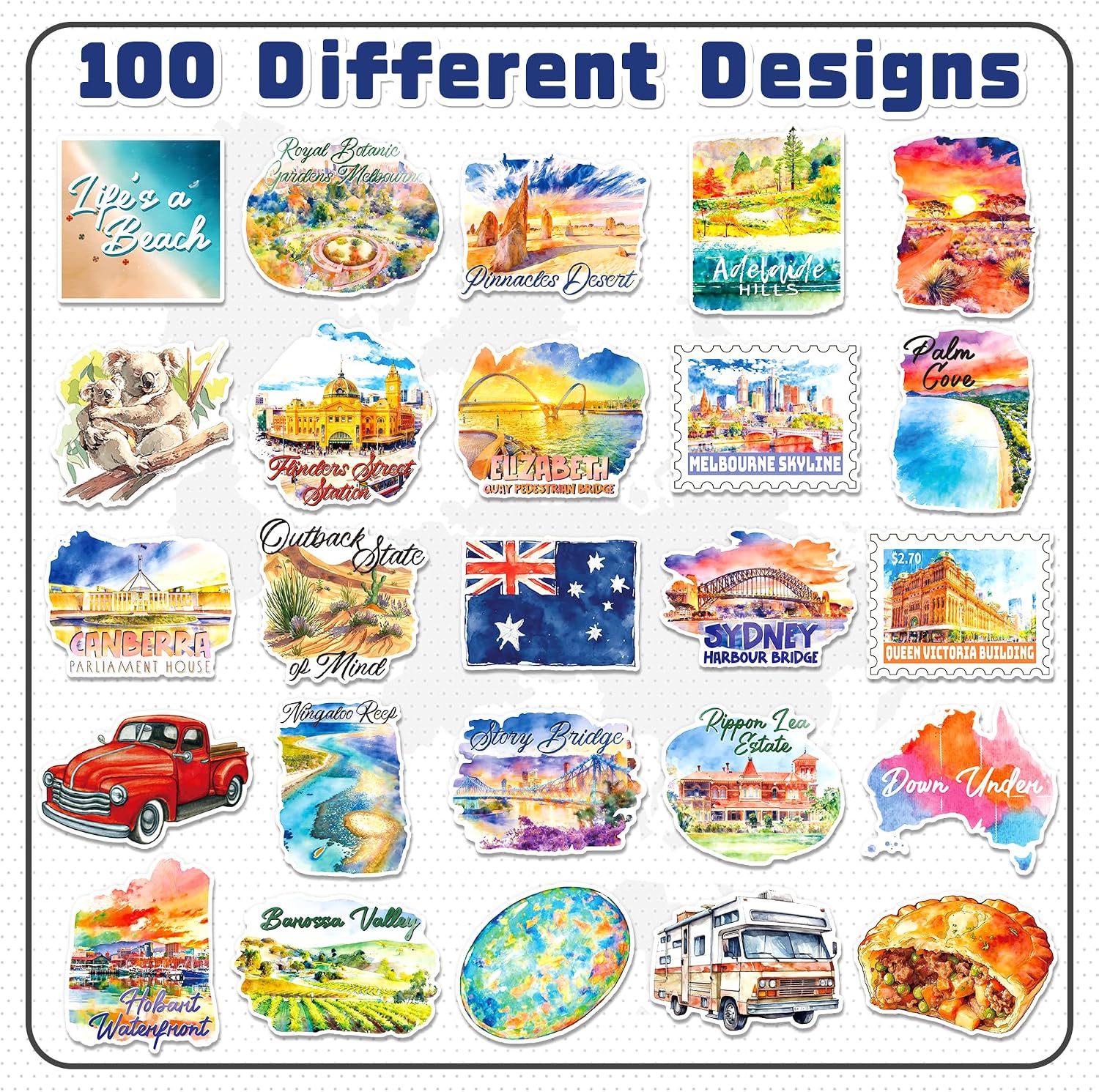 200 PCS Australia Stickers, Australian Watercolor Travel Designs, Waterproof Vinyl Decals for Scrapbooks, Laptops, Water Bottles, Luggage, Party Favors for Women and Men