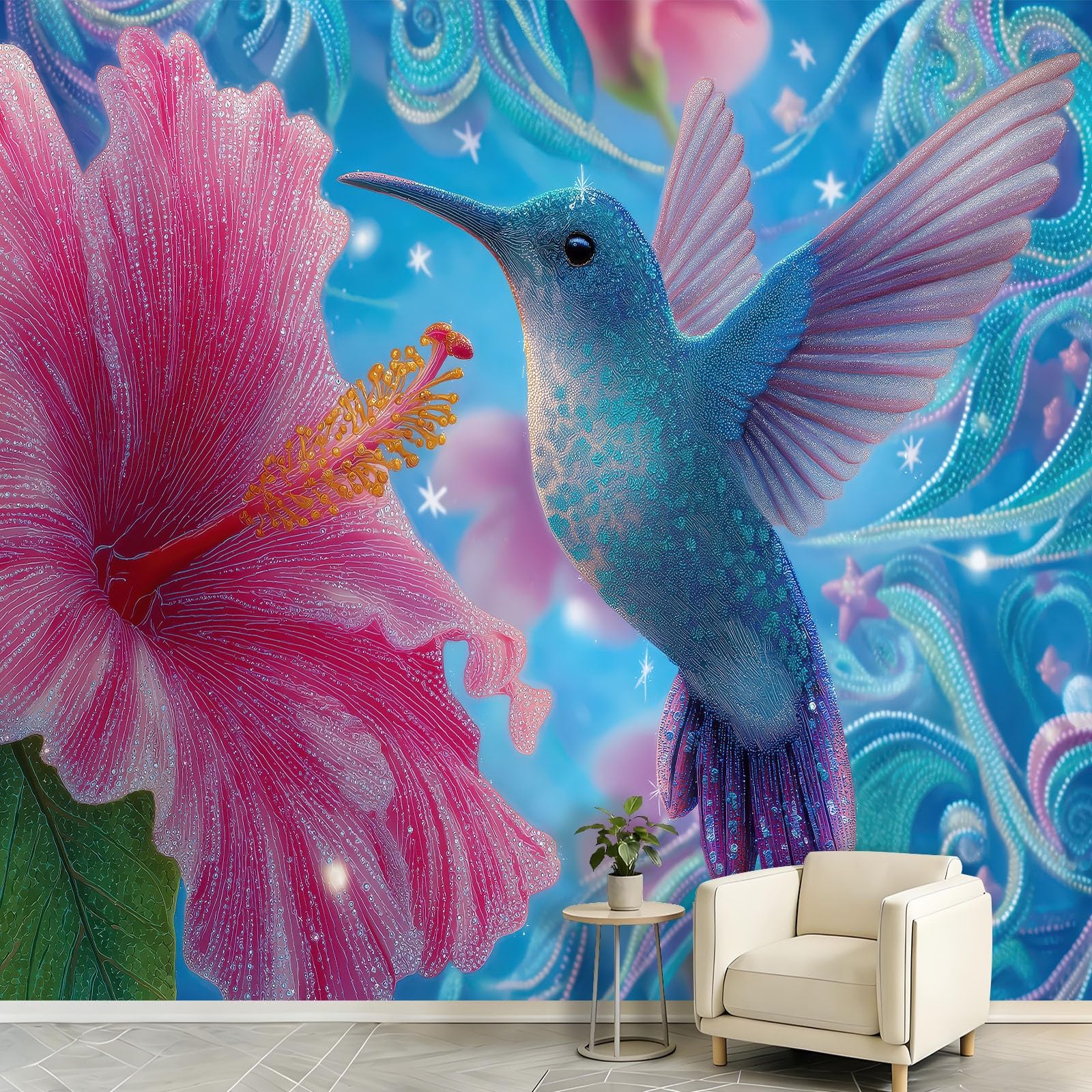 Générique Tapeta z włókniny - Koliber Hibiskus 250 x 175 cm Fantazyjny Krajobraz Panoramiczna ściana 3D XXL - Gobelin fotograficzny - Dekoracja ścienna do salonu, sypialni
