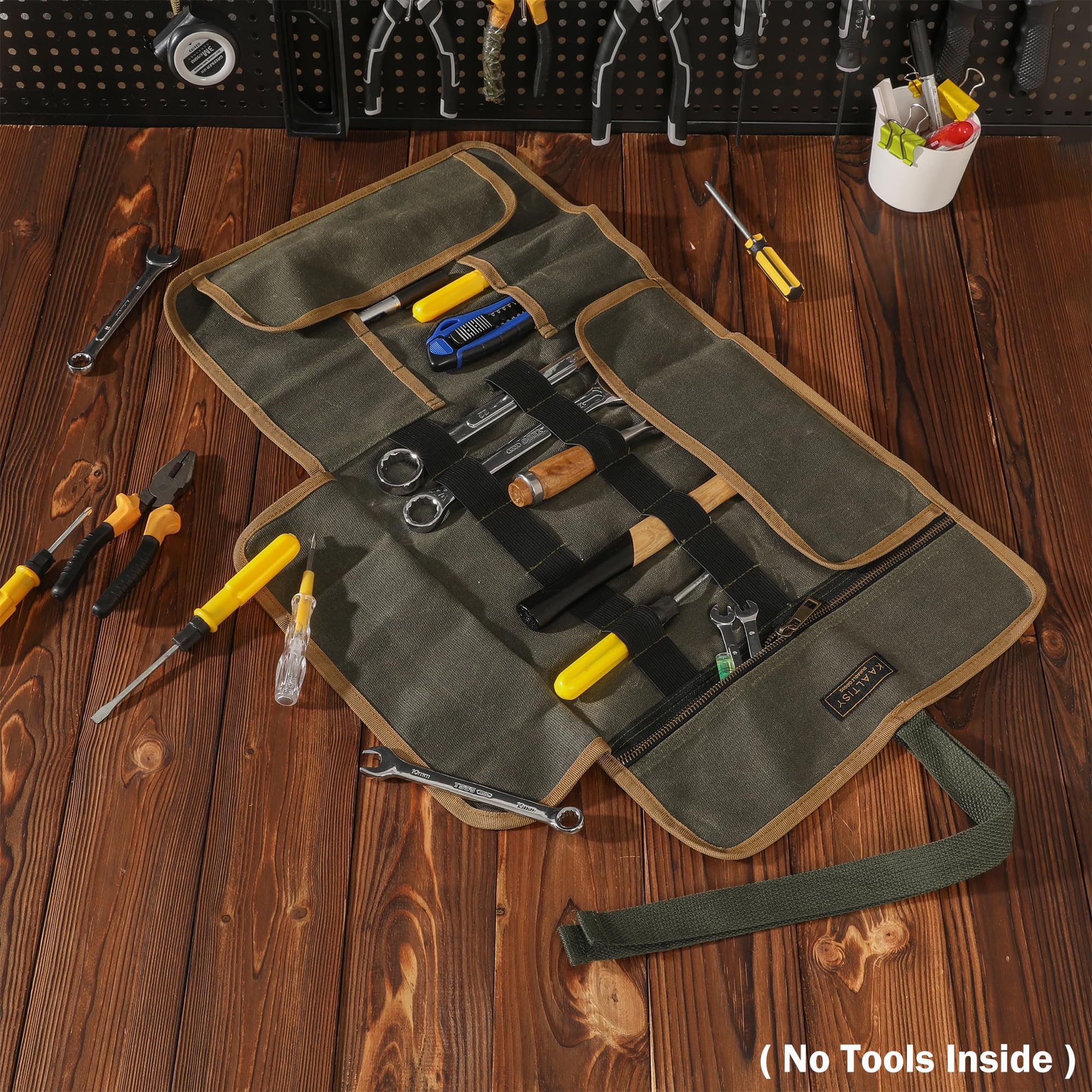 Sac à outils enroulable en toile cirée, 453,6 g – Rouleau de rangement pour outils multifonction avec 9 emplacements, 1 poche zippée et bande élastique, pour électricien, entrepreneur, réparateur,