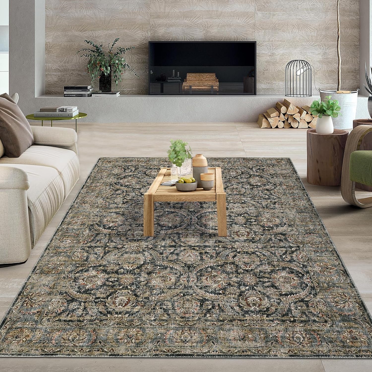 COZYLOOM Washable Area Rugs 8x10 Rug for Living Room Boho Vintage Rug Non Slip Throw Rugs Distressed Large Bedroom Rugs Low Pile Stain Resistant Carpet for Dining Room Nursery 8'x10' Distressed Black