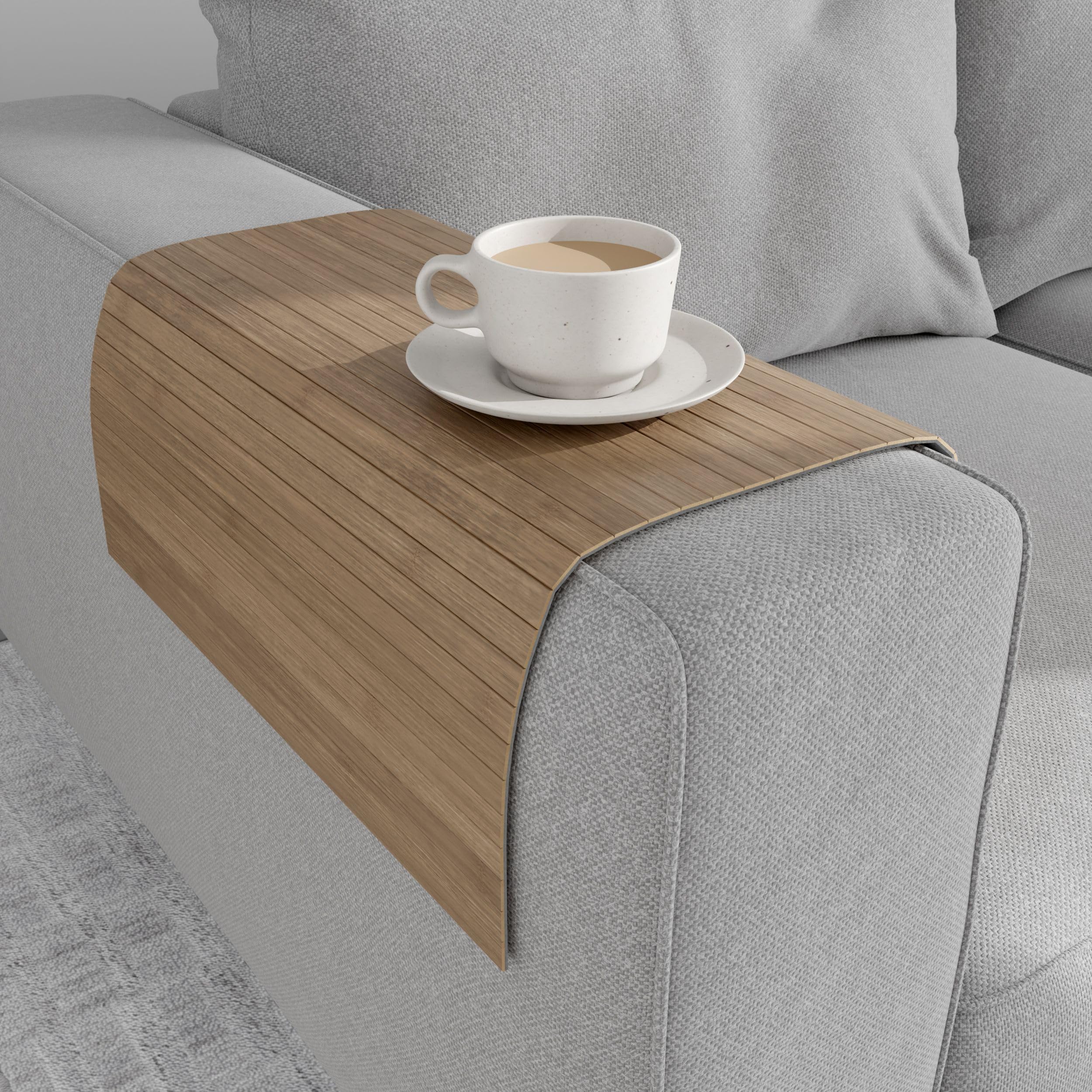 DE-COmmerce Couchablage aus Bambus, Sofatablett, Couchtablett, Armlehne, Getränkehalter, Flexablage Taupe 30 x 50 cm