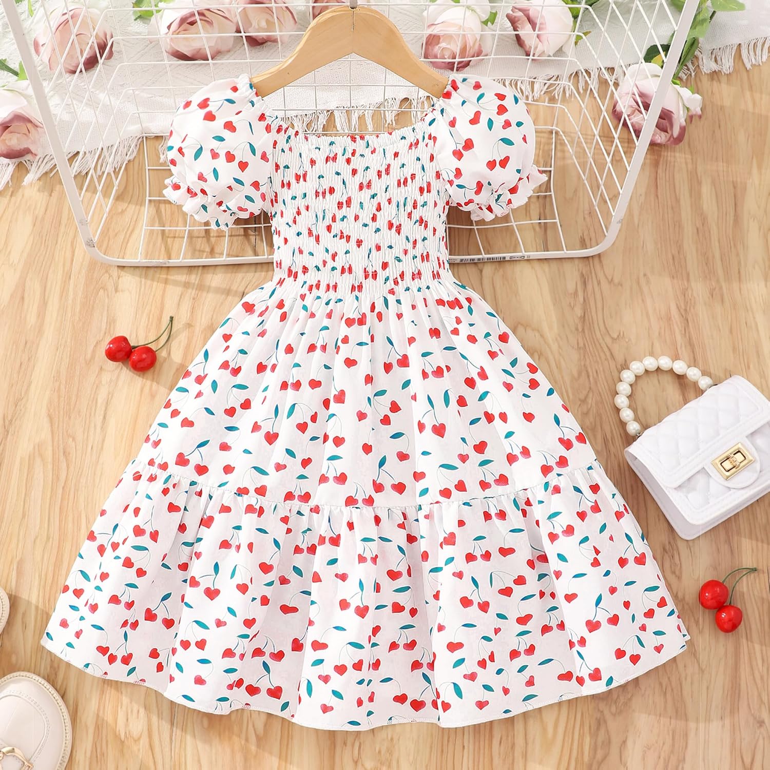 Toddler Baby Girls Summer Floral Dress Kids Puff Sleeve Square Neck Smocked Flowy Sun Dresses 2-8 Years - Image 3