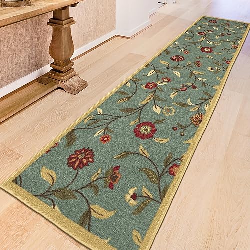 Miniatura 10 de Ottomanson Ottohome Collection - Alfombra antideslizante de goma con diseño de hojas florales de 2 x 5 pulgadas, 20 x 59 pulgadas, color verde