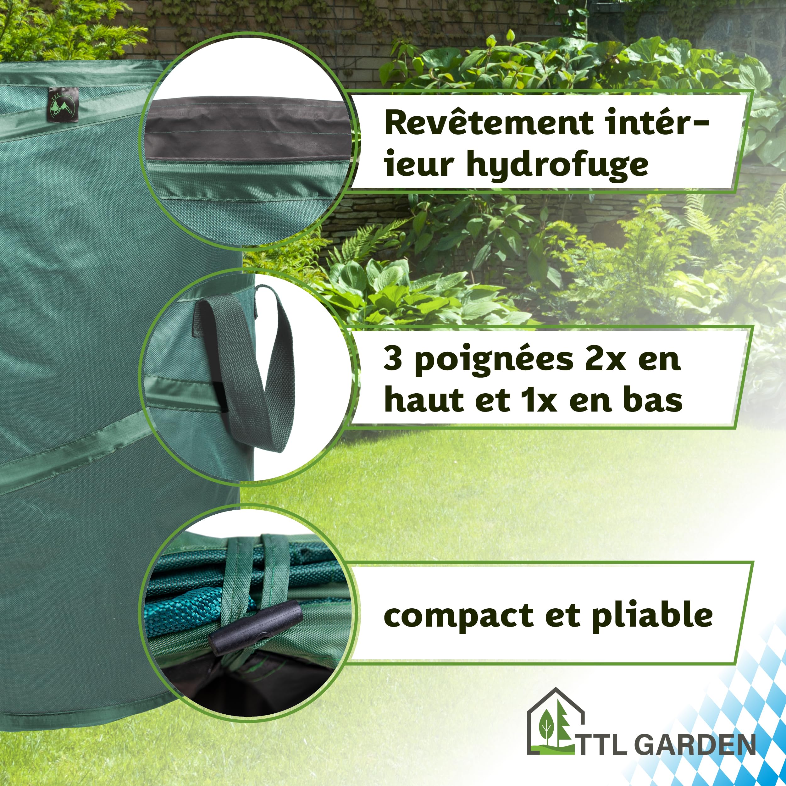 TTL Garden - Pop Up - Lot de 3 sacs à feuilles de jardin - 120 l - Tissu extra robuste - Idéaux pour déchets de jardin - Pliable autoportant