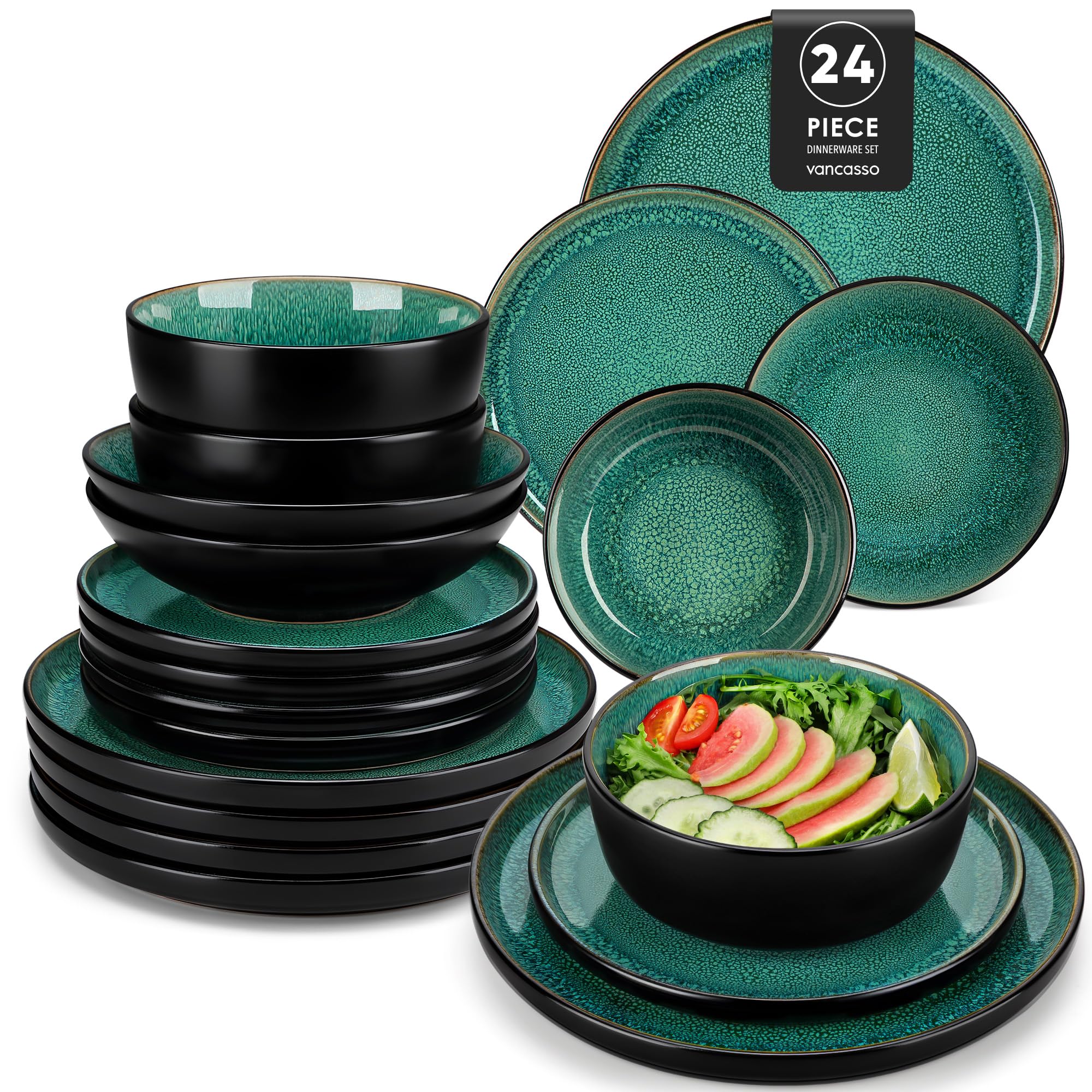 vancasso 24 Piece Dinner Set, Stoneware Plates and Bowls Set for 6, Mediterranean Style Dinner Sets in Vibrant Green, Playa Series Dinner Service Set for 6