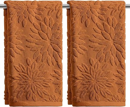 Artoid Mode 2 Pcs Caramel 3D Dahlia Floral Jacquard Hand Towels for Bathroom, Cotton Soft Absorbent Bathroom Decor Towels, 13.7 x 29.5 Inch