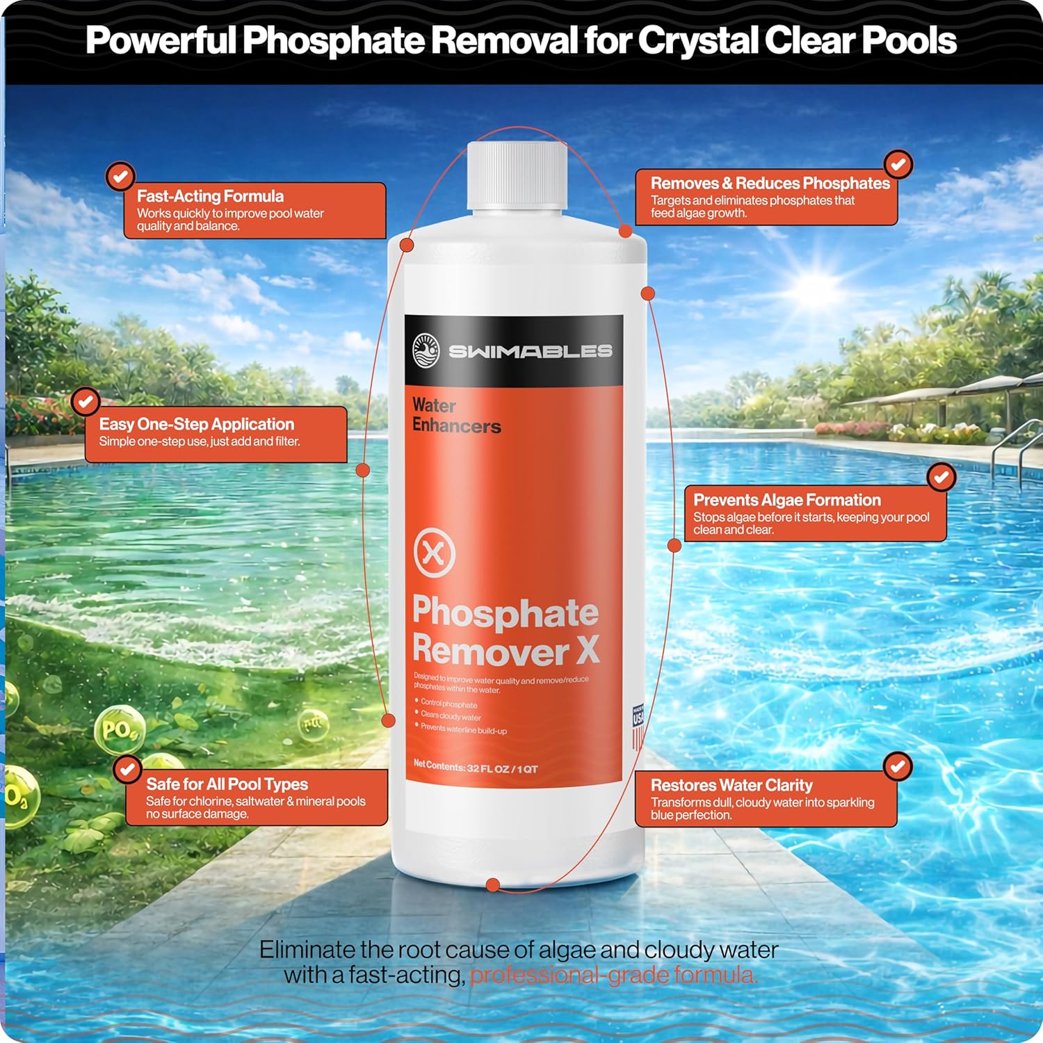 Swimables SW-52-032 Phosphate X - Quart - Powerful Water Enhancer for Pools - Cloudy Water - Safe for Inground & Above Ground Pools - 32oz