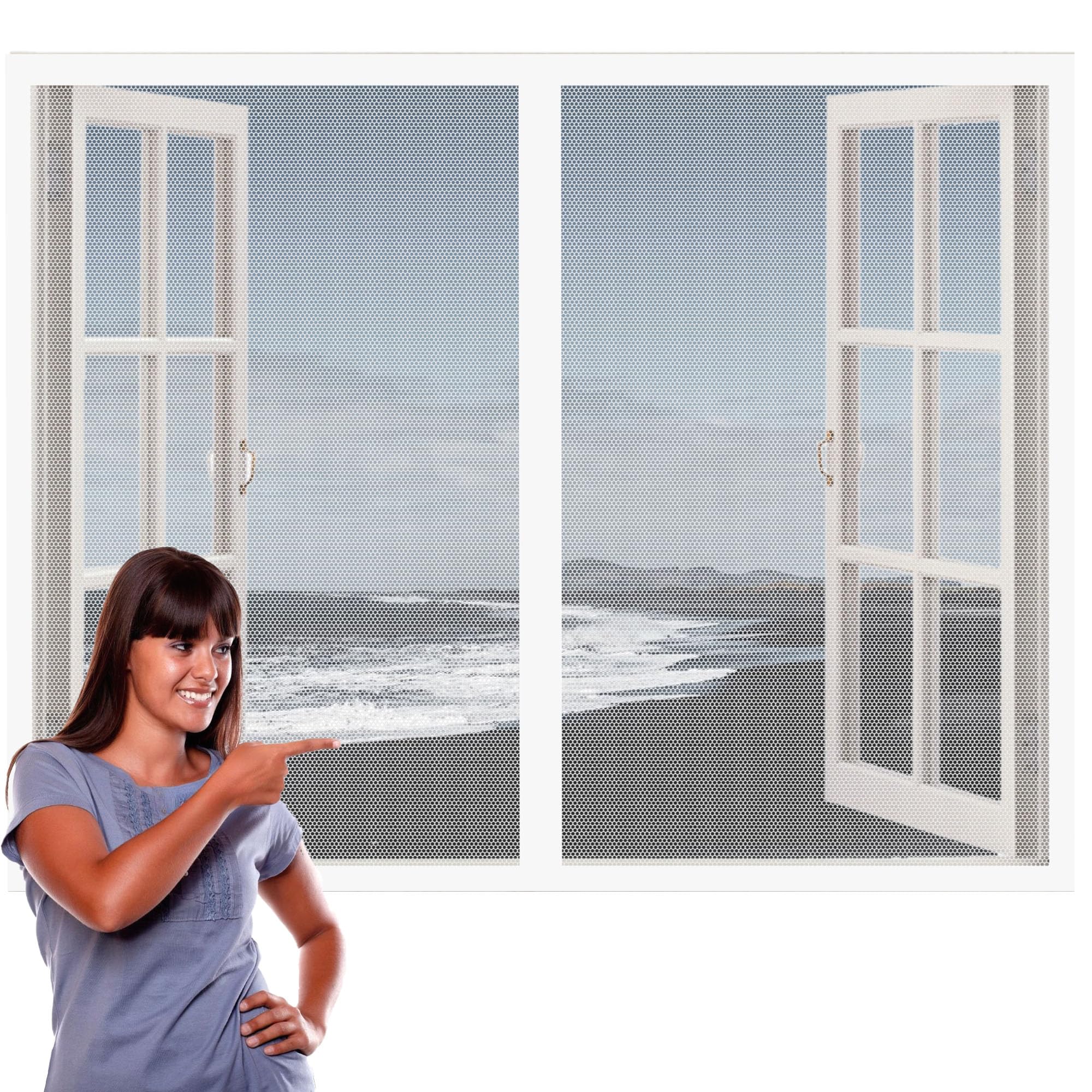 Window Fly Screen 170 x 120 cm with Selfadhesive Window Netting for Insects Easy Installation for Windows Doors and Patio Screens, White