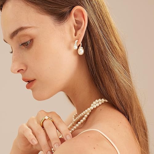 Miniatura 4 de C.Paravano Aretes colgantes de oro Aretes colgantes de oro perla Pendientes de boda de oro Aretes chapados en oro de 18 quilates para mujer