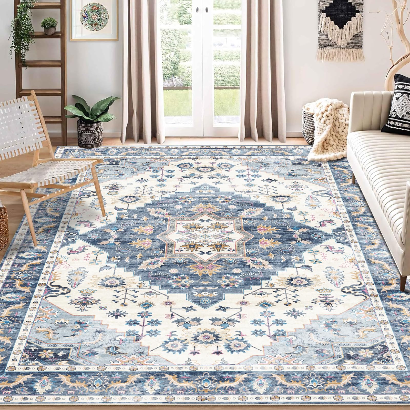 Enkor Area Soft Rugs 8x10 Washable Non Slip Boho Floor Rugs for Living Room Bedroom, Vintage Style Farmhouse Mat for Kitchen Entryway Blue & White