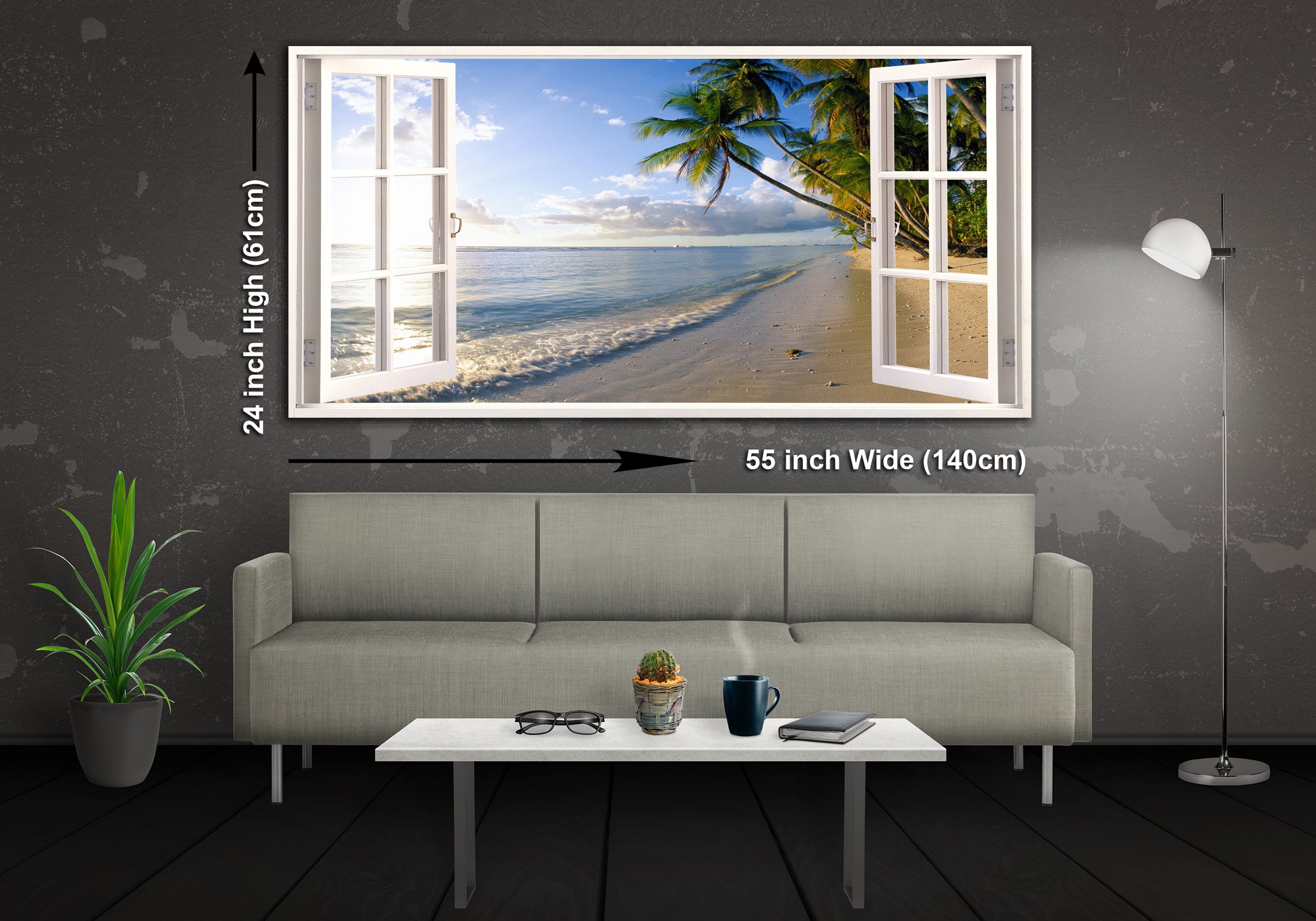 Morning in Paradise View from a Window Panoramic Canvas Wall Art Print Framed XXL 55 inch x 24 inch Over 4.5 ft Wide x 2 ft High Ready to Hang