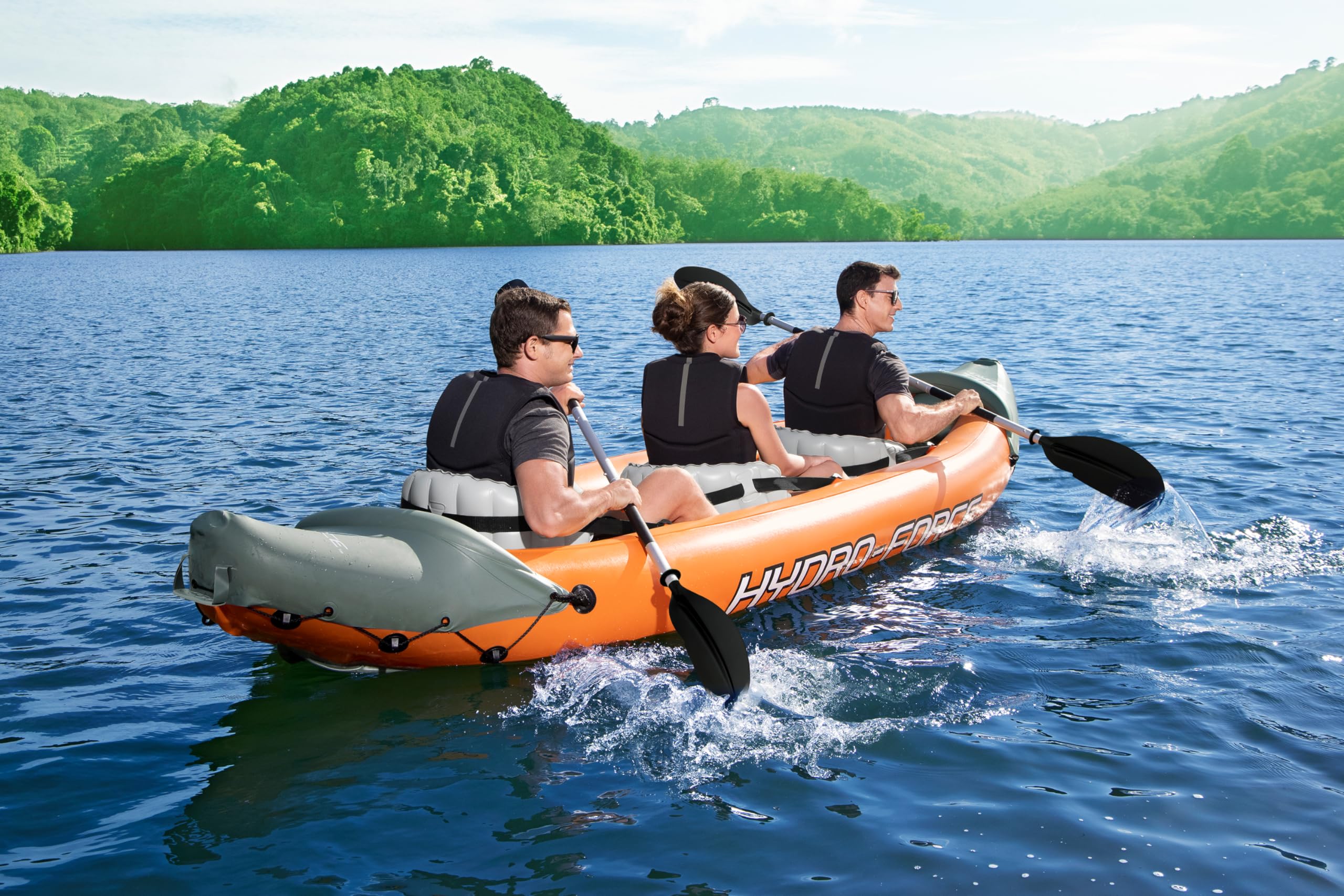 Bestway | Hydro-Force Rapid X3 Kayak | Juego de Botes inflables con Bomba de Mano, Remo, Asientos, Aletas y Bolsa de Almacenamiento | Tres plazas