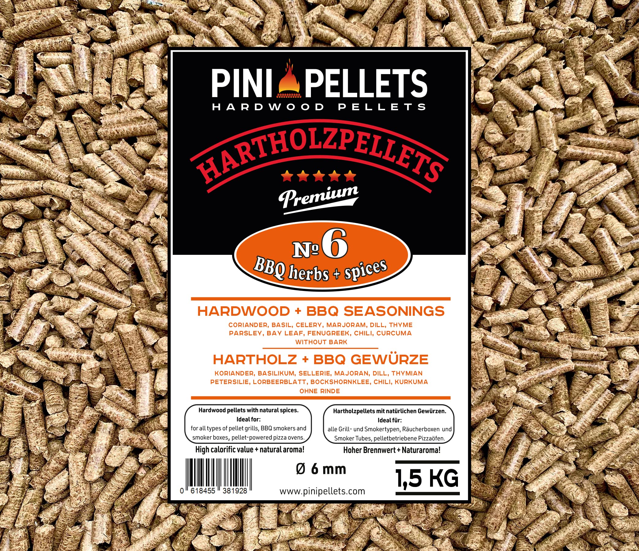 PINI Hardwood Pellets with herbs and spices № 6 BBQ herbs & spices 1,5 Kg Grill Pellets for Grilling, Smoking, also for Pellet Operated Pizza Ovens