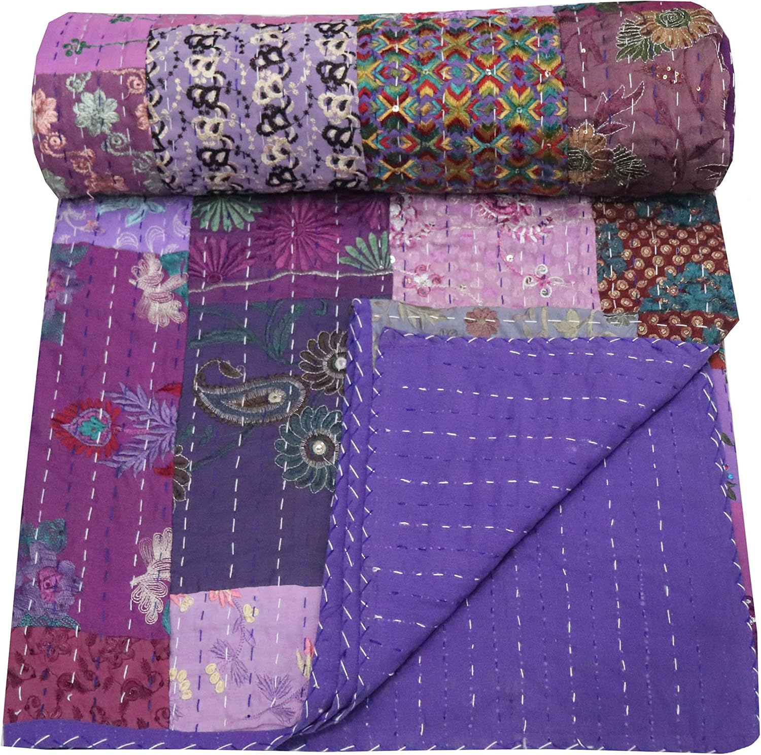 Kantha Quilt, Indian Cotton Bedspread, Twin Size Reversible Bed Sheet, Handmade Kantha Throw,Floral Bed Cover