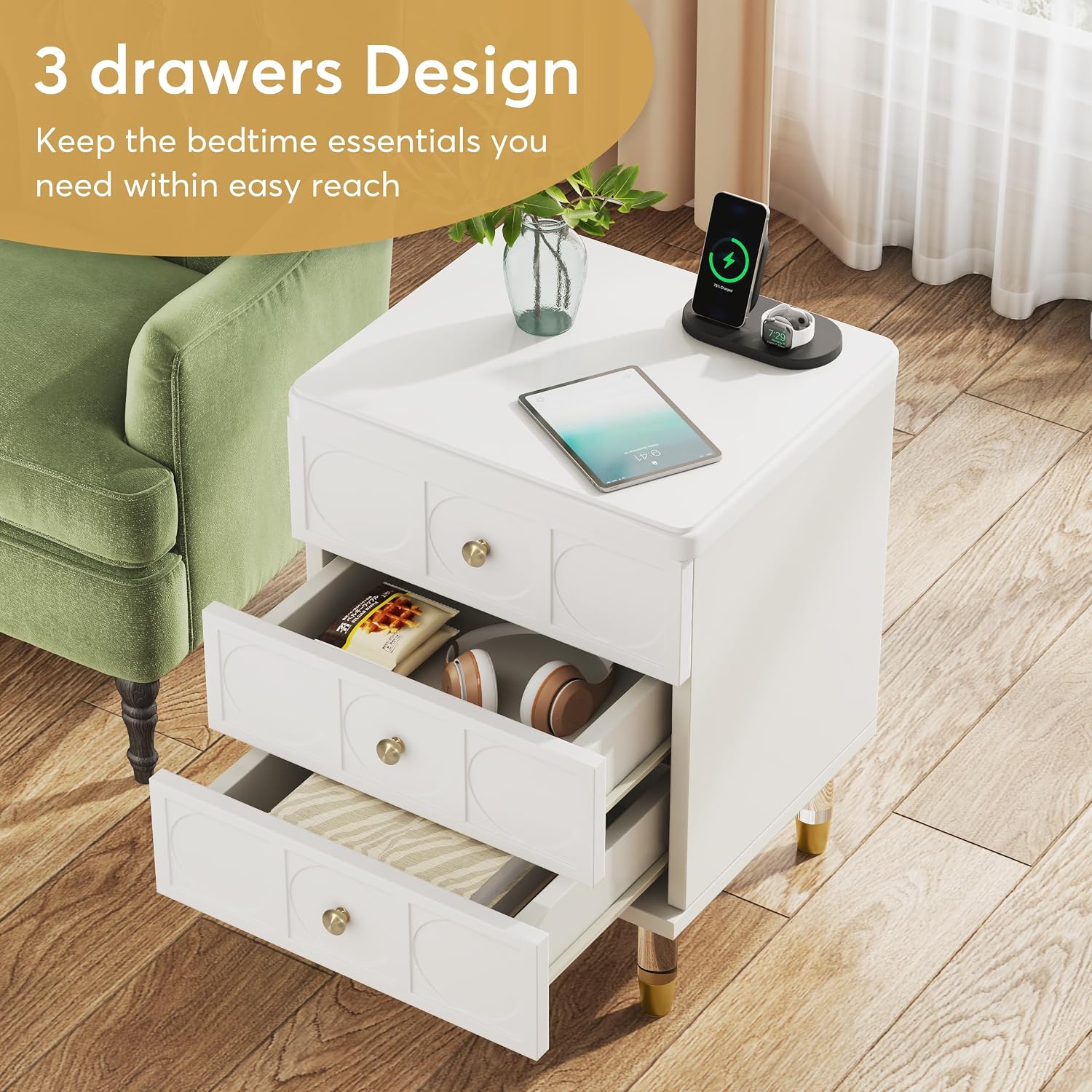 Tribesigns HOGA-U0179 Nightstand with drawers open, showing storage capacity