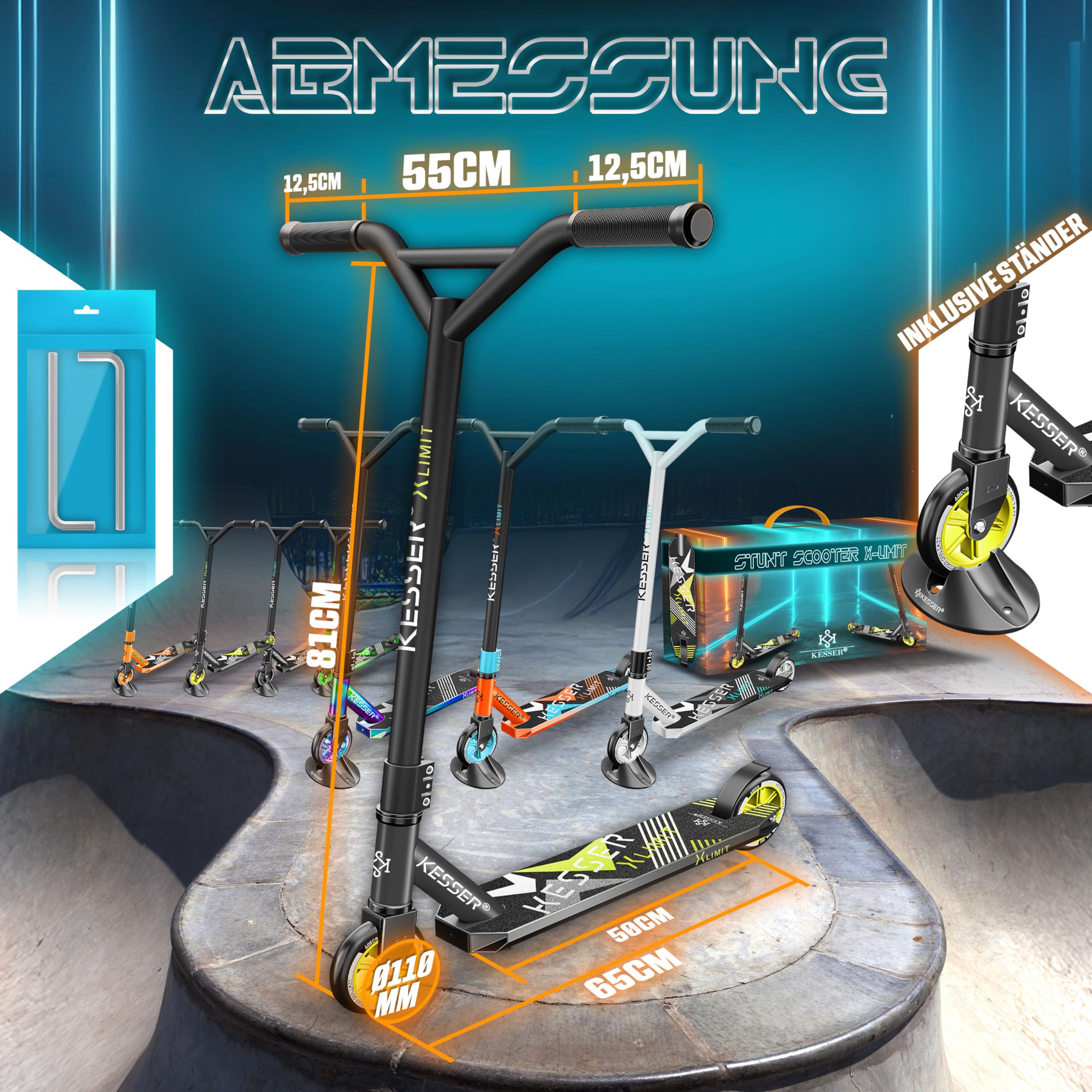 KESSER® Trottinette Freestyle | Trottinette Freestyle X-Limit | Direction à 360° | Roulements à Billes ABEC 9 de 100 mm | Roues en polyuréthane | Robuste | Anthracite