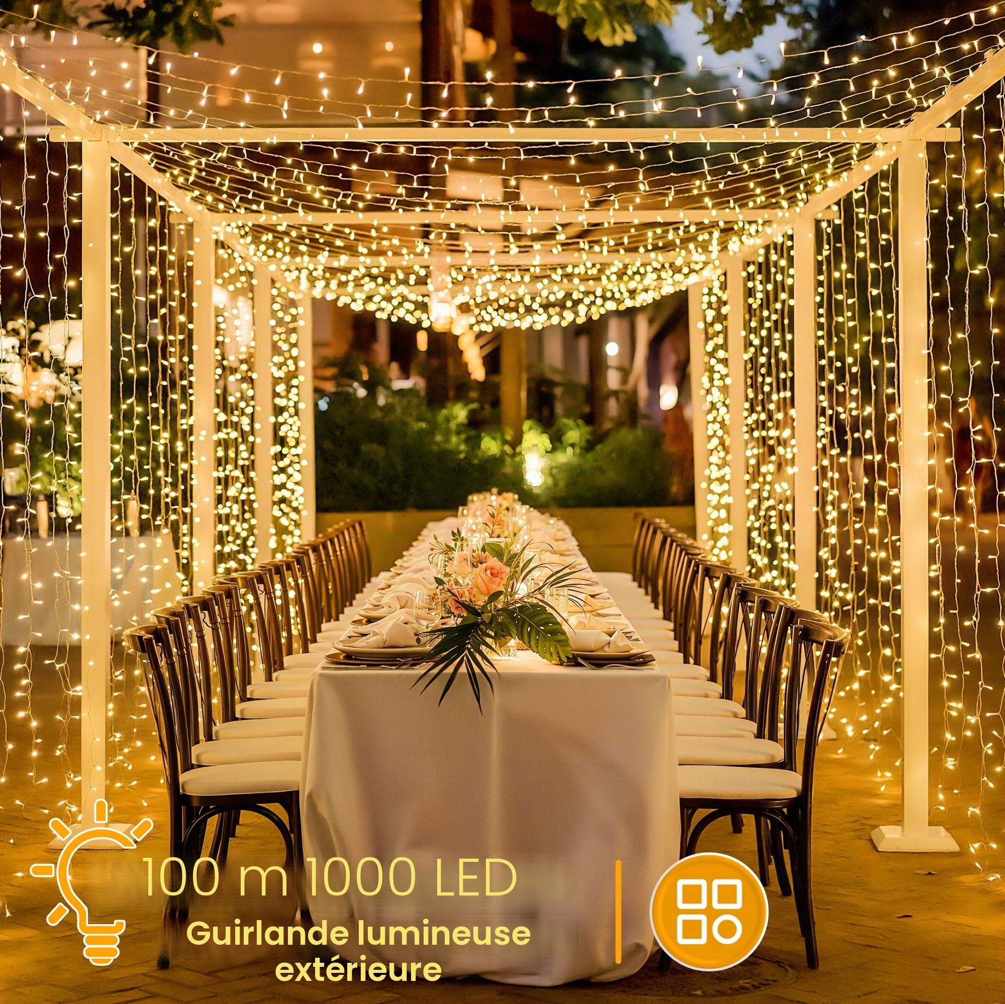 Ollny Guirlande lumineuse Exterieure 100 m, 1000 LED, Télécommande, IP44 | 8 Modes et 3 Minuteries, Idéale pour Sapin, Jardin, Noël, Maison et Mariage, en Intérieur Comme en Extérieur