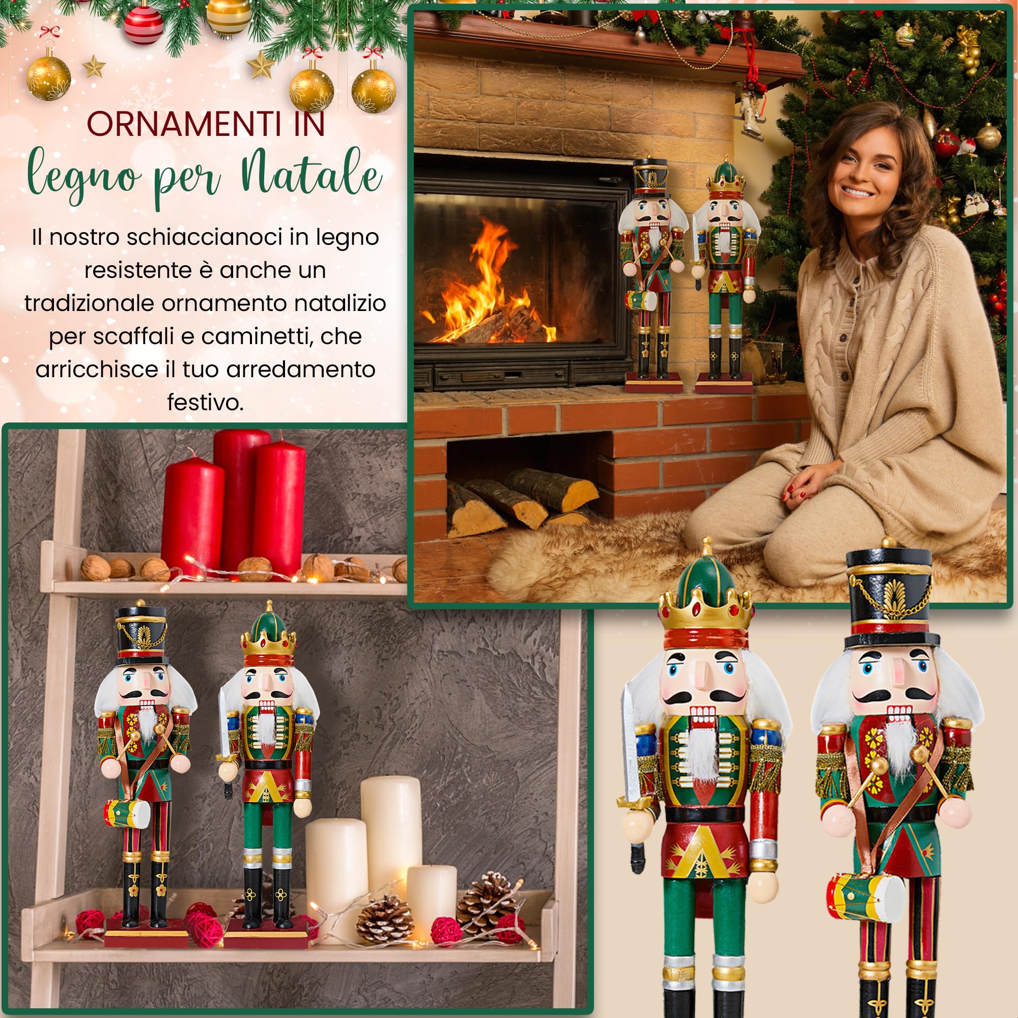 Coppia di schiaccianoci decorativi in legno (30 cm) – Figure da esporre su camino – Abbellimenti per feste invernali – Statuine classiche natalizie – Elementi ornamentali dallo stile tradizionale