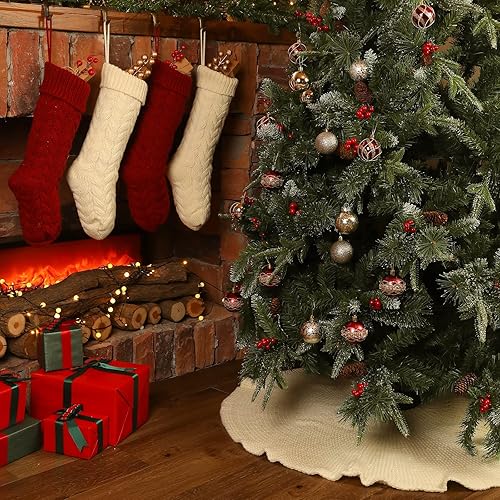 Miniatura 5 de LimBridge Falda de árbol de Navidad de punto 36 pulgadas de falda de árbol blanco crema, borde de hoja de loto de punto trenzado grueso rústico