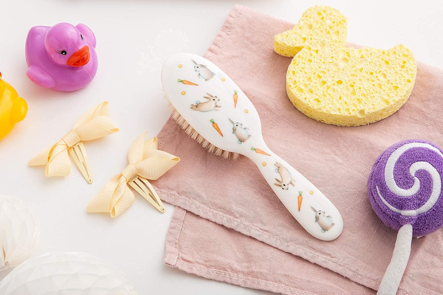 Rock & Ruddle Soft White Natural Boar Bristle Hairbrush for Babies and Young Children. Perfect for Fine Hair Detangling and Smoothing. Little Rabbits Design, Small - Image 2
