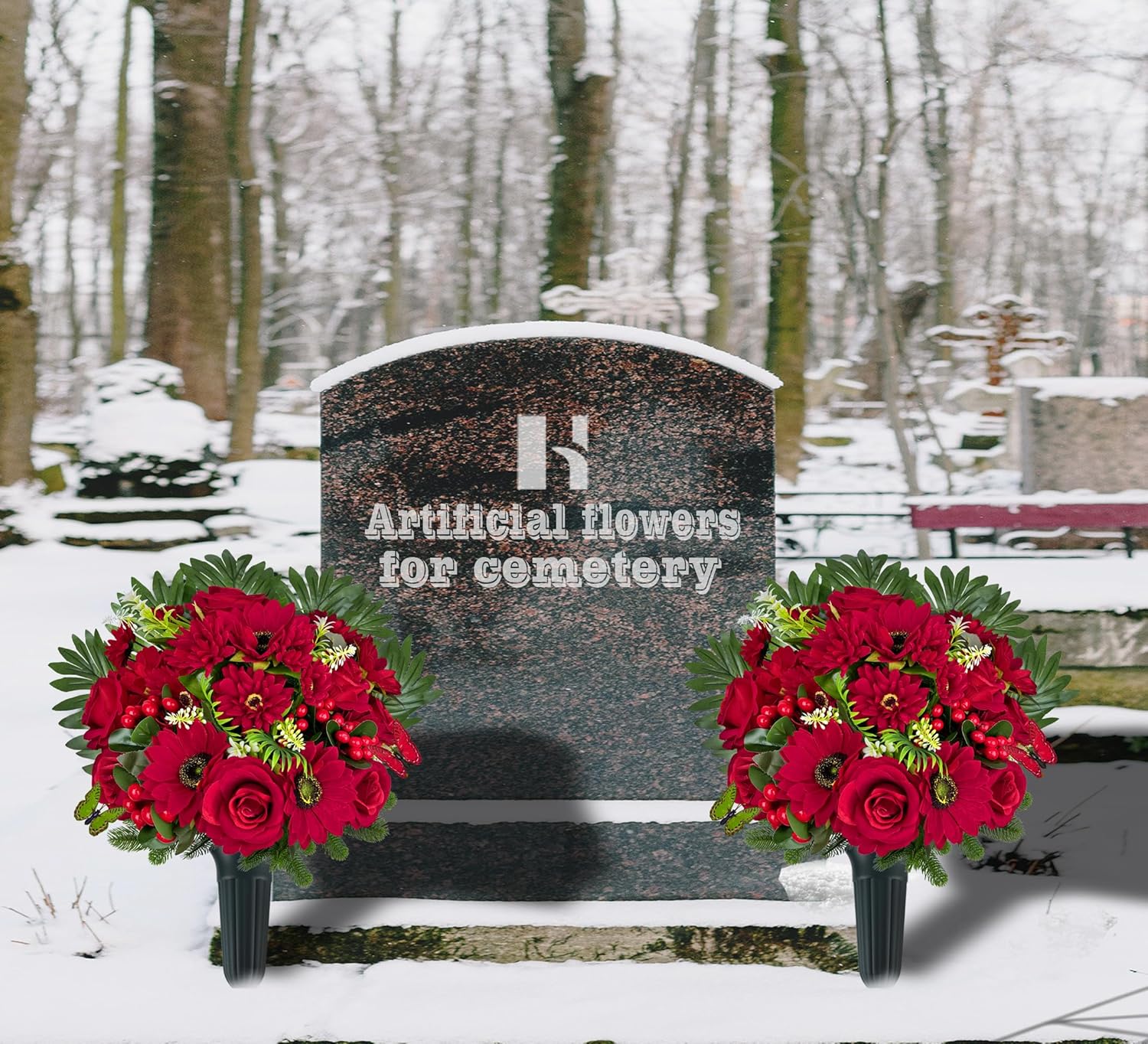 Ariticial Cemetery Headstone Flower -Outdoor Grave Decorations,Mixed Bouquet of Artificial Silk Rose and Gerbera Daisies Christmas Red Berry for Tombstones (Vase Included)