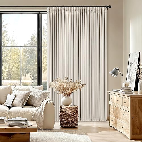 Pinch Pleated Blackout 90 Inch Bedroom Curtains 70 Inch Wide Linen Dual Layer Soundproof Farmhouse Window Curtains for Living Room Cream Natural Hooks Rings Back Tab 100% Black Out Drapes 1 Panel