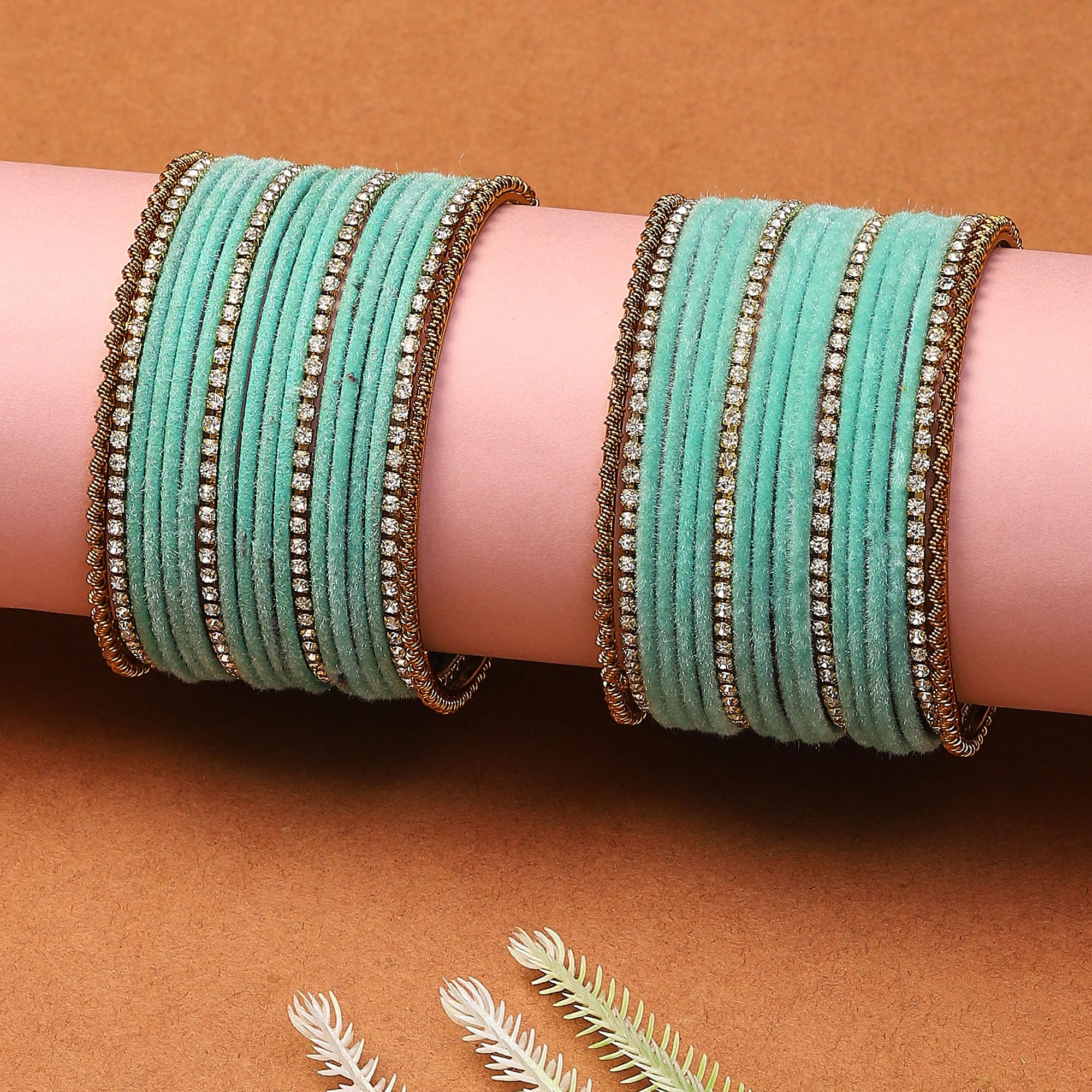 Gold-Plated Velvet American Diamonds Studded Bangles Set Of 36 (Turquoise Blue)